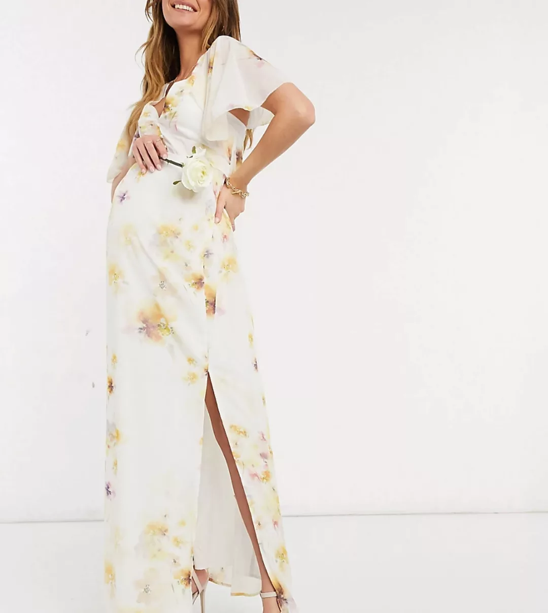 Hope & Ivy Maternity – Langes, geblümtes Brautjungfern-Kleid in Sanftgelb m günstig online kaufen