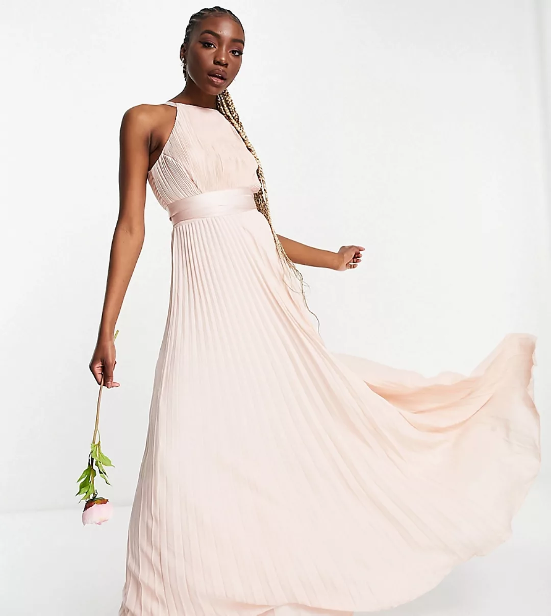 ASOS DESIGN Tall – Bridesmaid – Plissiertes Maxi-Trägerkleid mit Satin-Wick günstig online kaufen