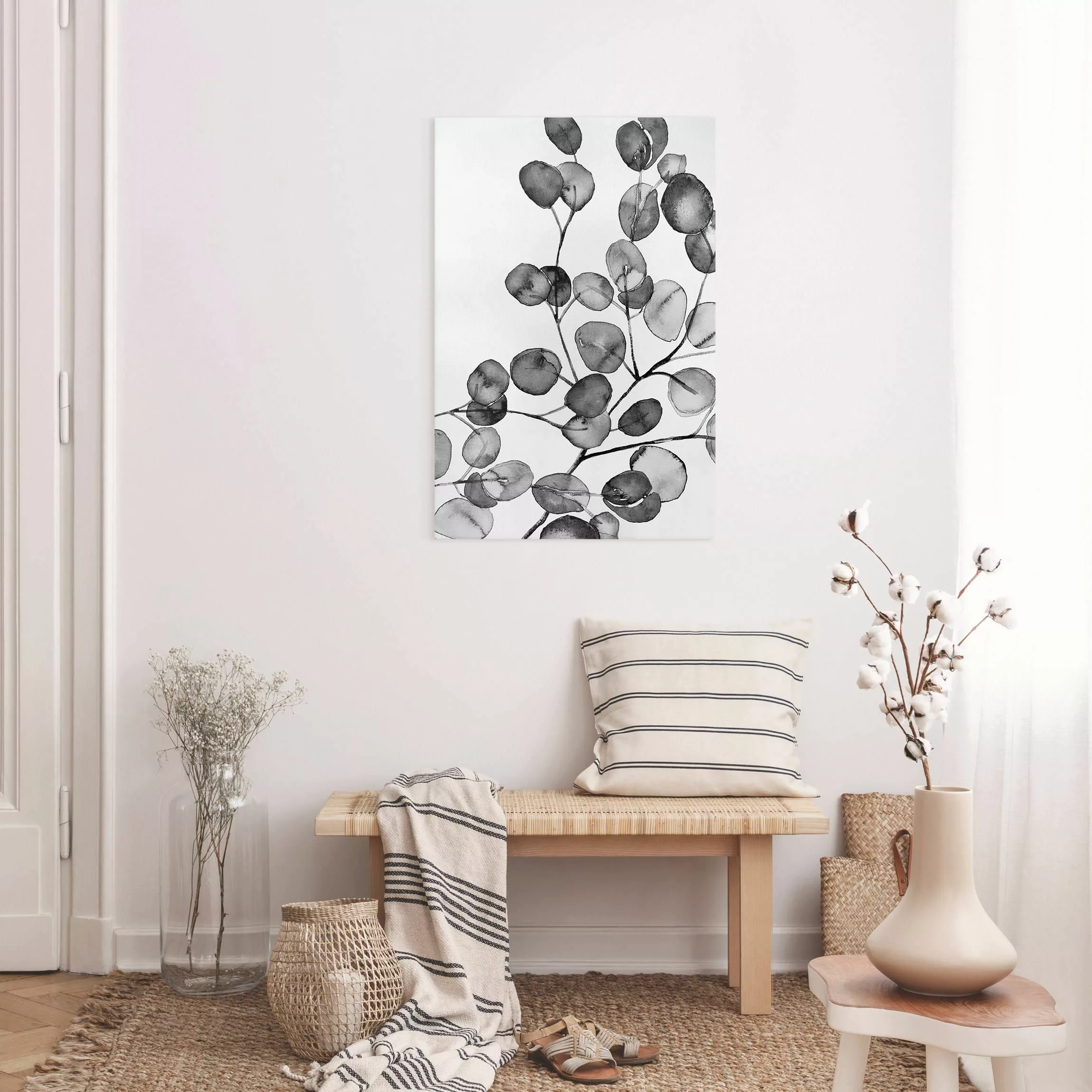 Leinwandbild Schwarz Weiß Aquarell Eukalyptuszweig günstig online kaufen