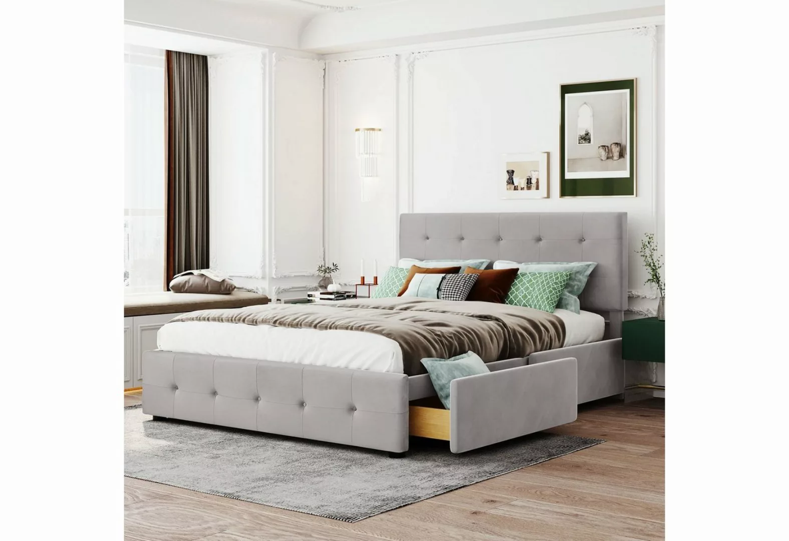 OKWISH Bett Doppelbett, Polsterbett Gästebett Funktionsbett, mit Schubladen günstig online kaufen