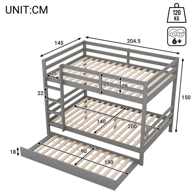 TavilaEcon Etagenbett Kinderbett Jugendbett Holzbett Dreibett 140x200cm, Ho günstig online kaufen