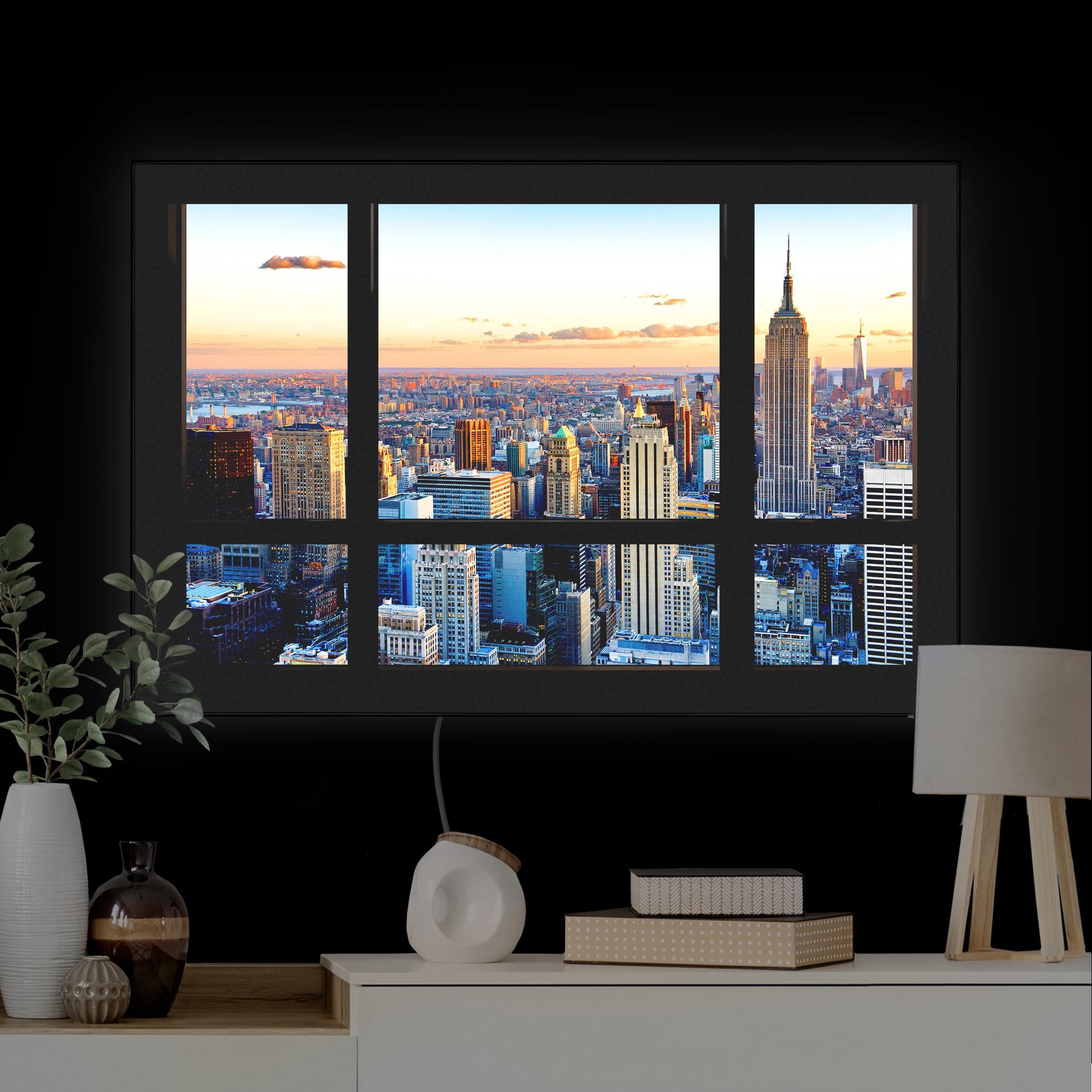 LED-Wechselbild Fensterausblick - Sonnenaufgang New York günstig online kaufen