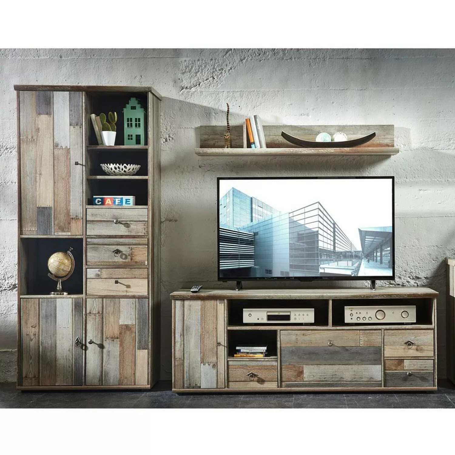 TV-Wohnwand Mediawand Driftwood BRANSON-36 mit Hochschrank Lowboard Wandreg günstig online kaufen