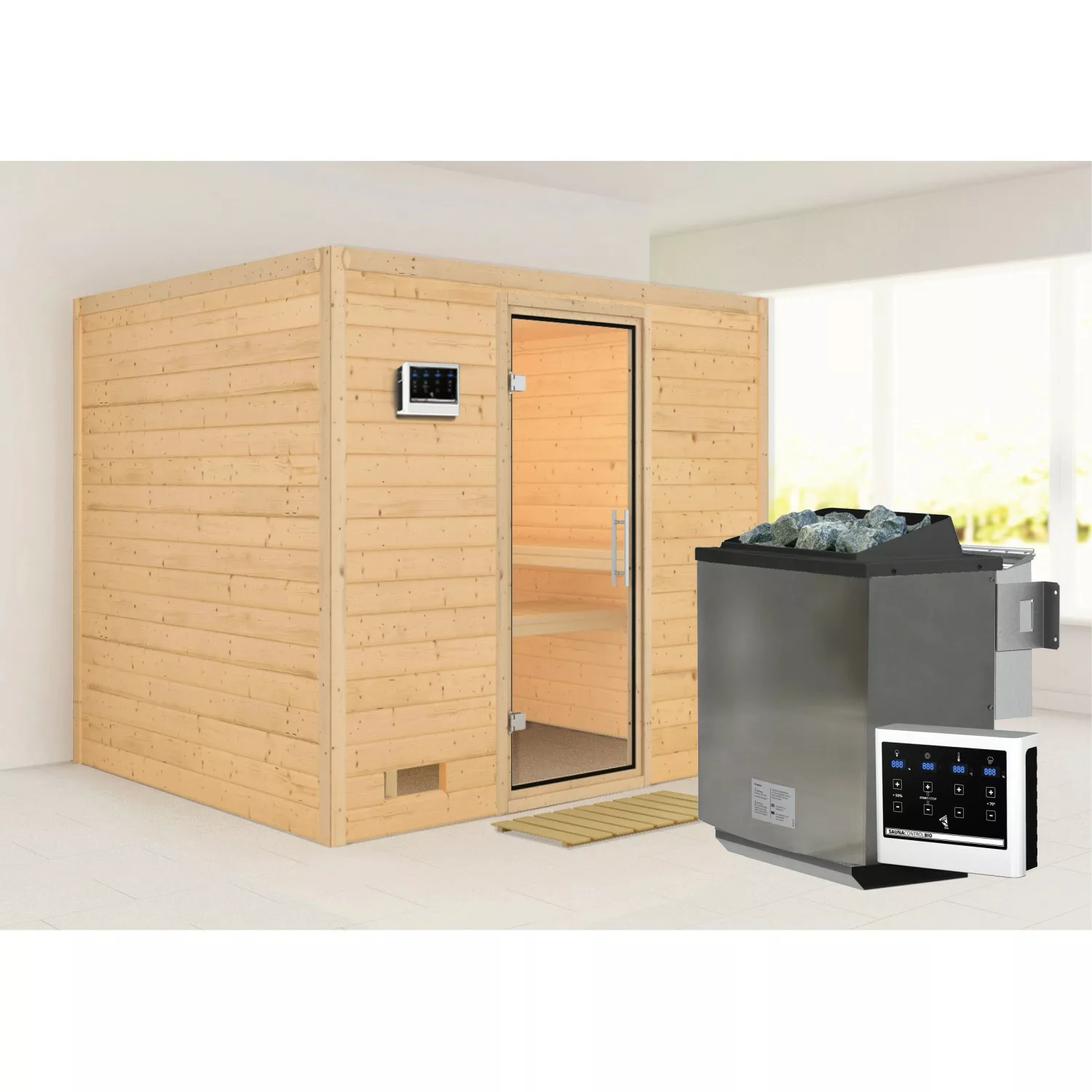 Karibu Sauna Sarina mit Bio-Ofen externe Stg.Easy Natur günstig online kaufen