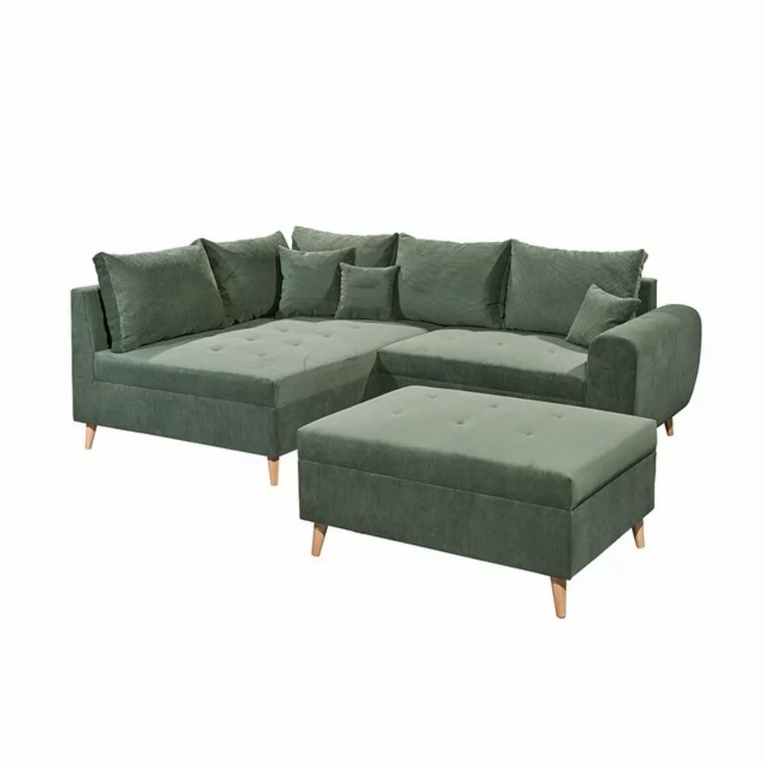 Ecksofa mit Hocker und 8 Kissen in grün, L-Form mit Recamiere links, Serie günstig online kaufen