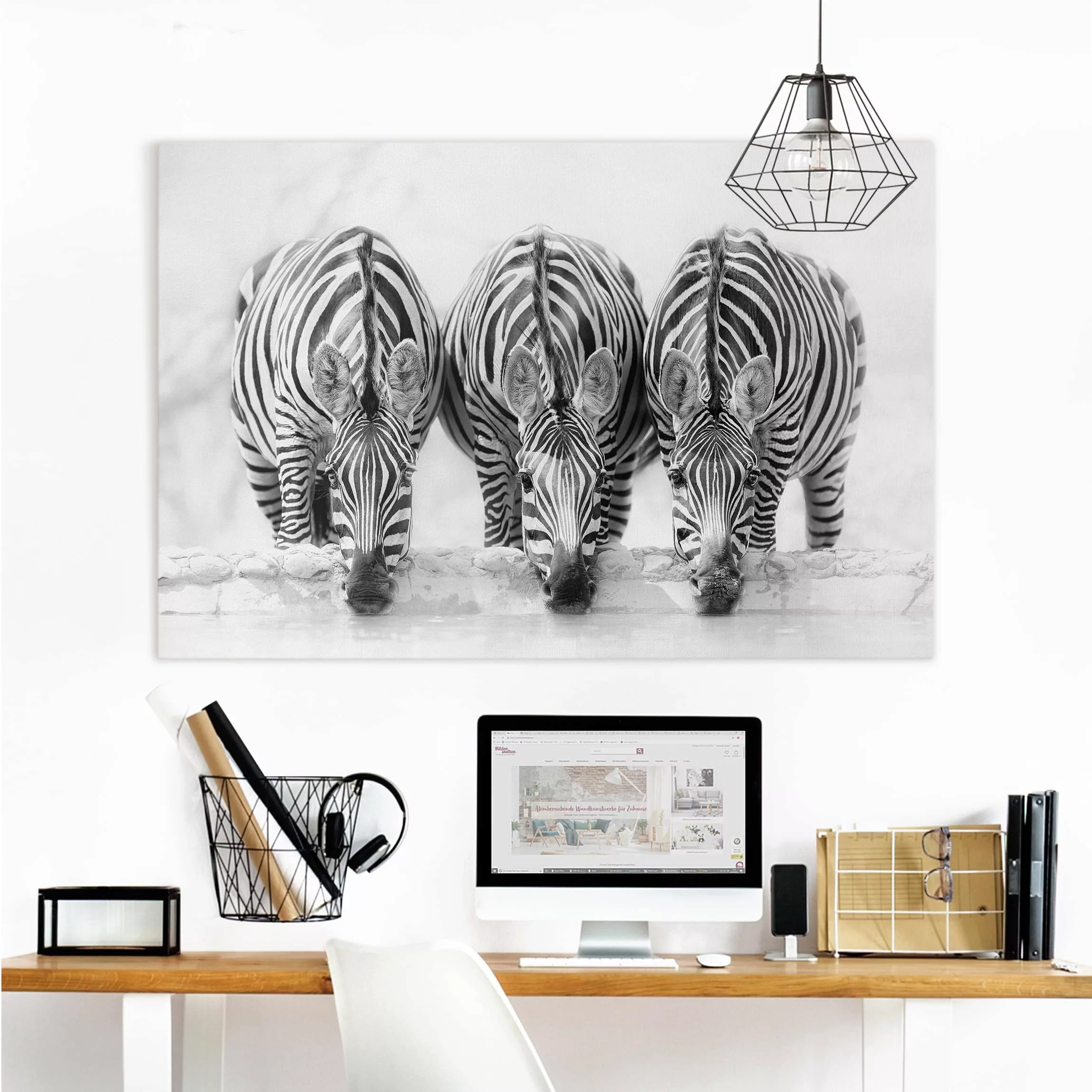 Leinwandbild Schwarz-Weiß - Querformat Zebra Trio schwarz-weiß günstig online kaufen