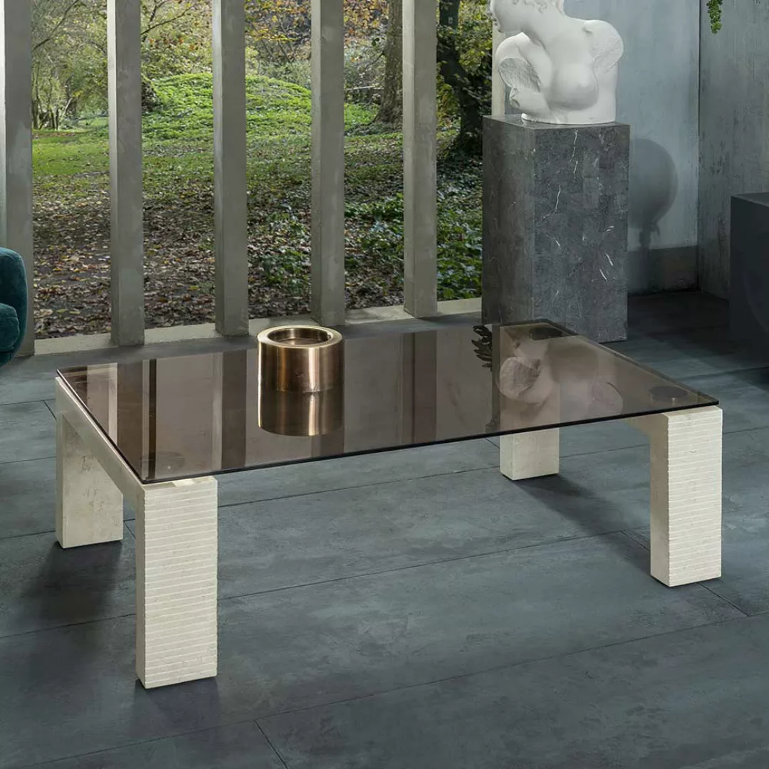 Wohnzimmer Tisch mit Glasplatte Beige und Bronze günstig online kaufen
