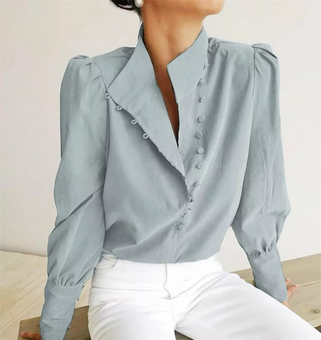 KIKI Langarmhemd Damen Langarm-Stehkragen Hemd mit runder Knopf, lässiges O günstig online kaufen