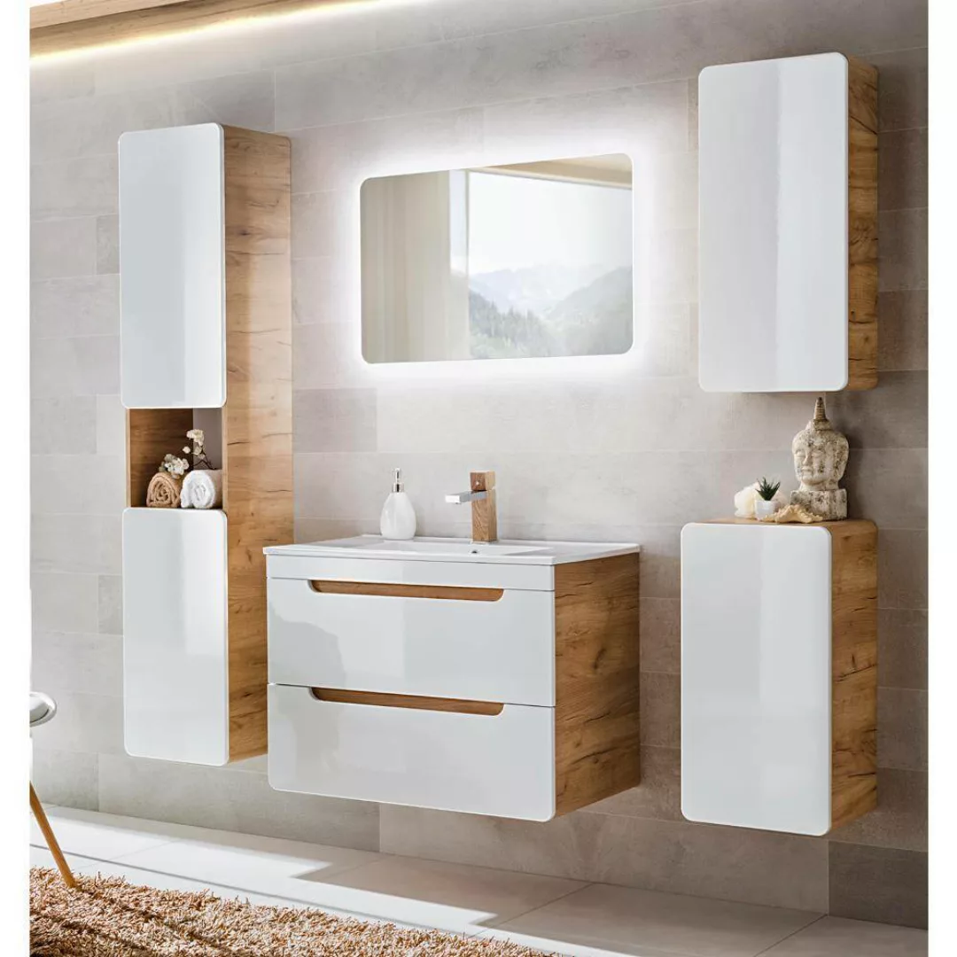 Lomadox Badezimmer Möbel Set 5-teilig Hochglanz weiß  inkl. 80 cm Keramikwa günstig online kaufen
