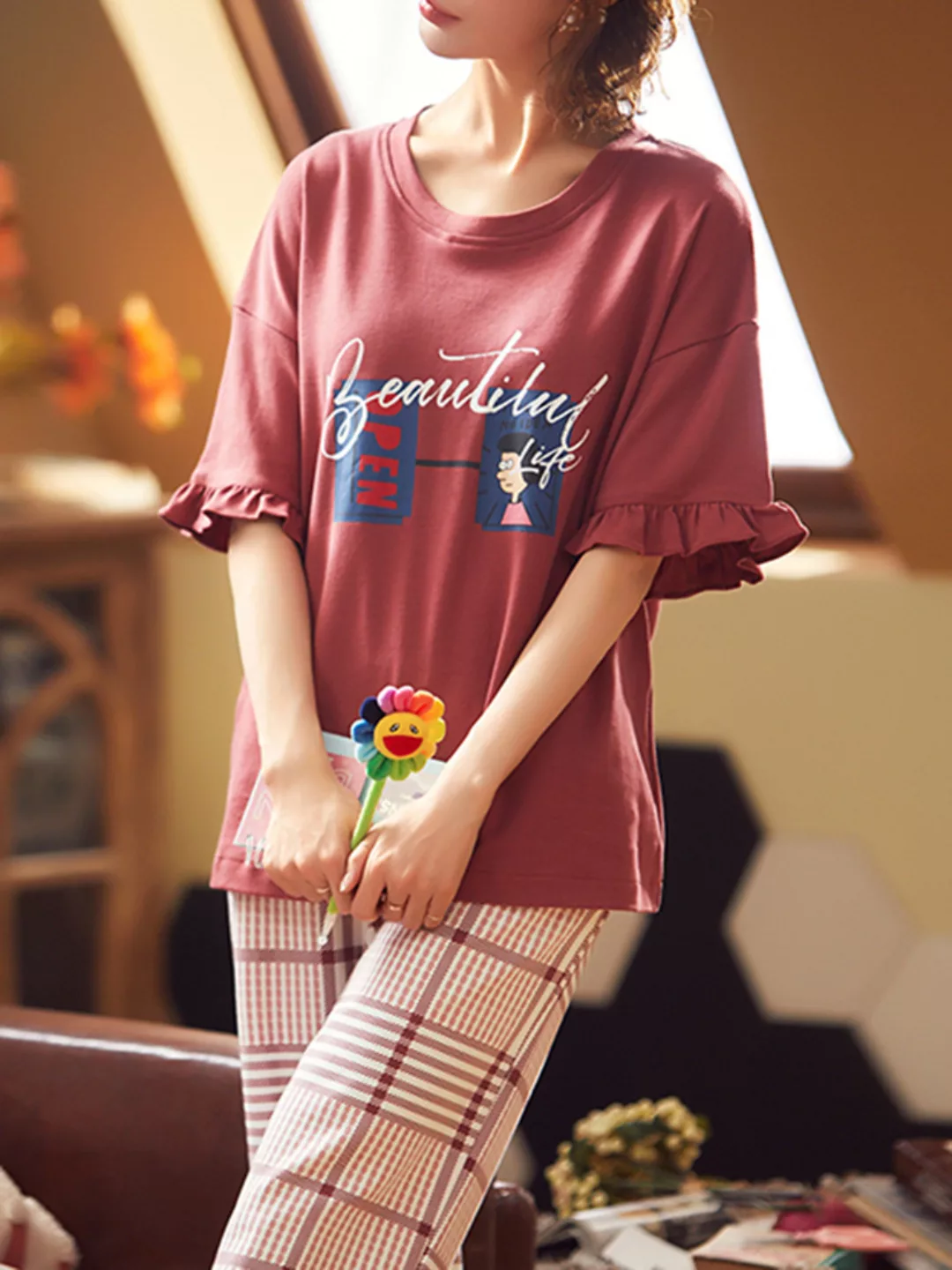 Plus Größe Damen Cute Cartoon Print Rüschenbesätze Kurzarm-Pyjama-Sets günstig online kaufen