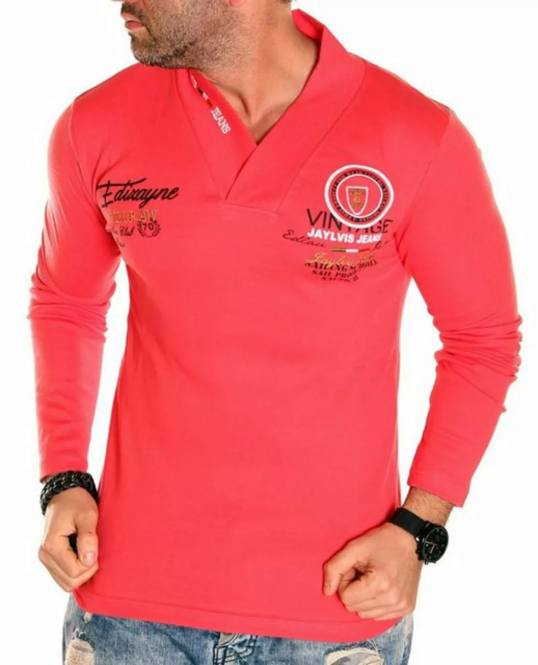 Jaylvis Langarmshirt Langarmshirt mit V-Ausschnitt, Logofarbdruck und Stick günstig online kaufen