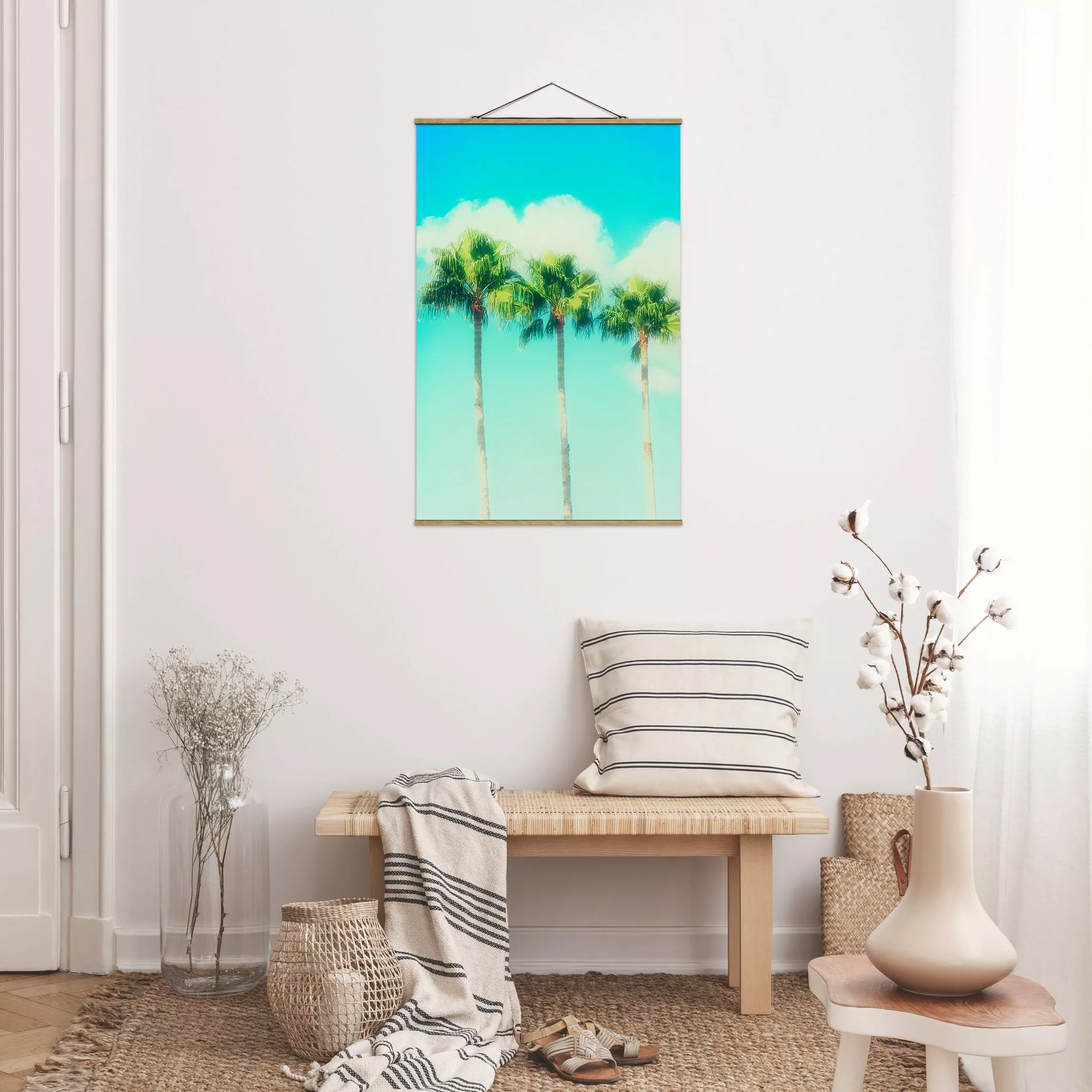 Stoffbild Landschaft mit Posterleisten - Hochformat Palmen vor Himmel Blau günstig online kaufen