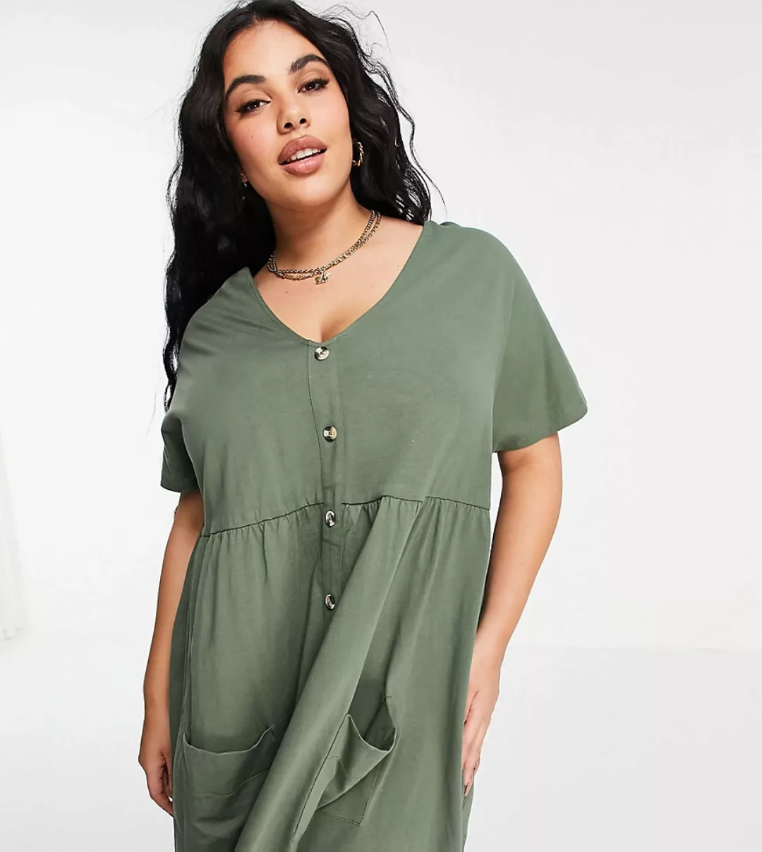 ASOS DESIGN Curve – Hängerkleid mit Taschen und Knopfleiste in Khaki-Grün günstig online kaufen