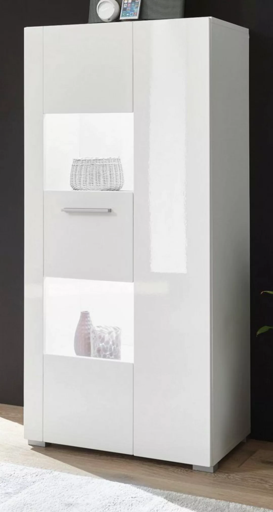 Furn.Design Standvitrine Crucero (Midi-Schrank in weiß, 58 x 123 cm) Hochgl günstig online kaufen