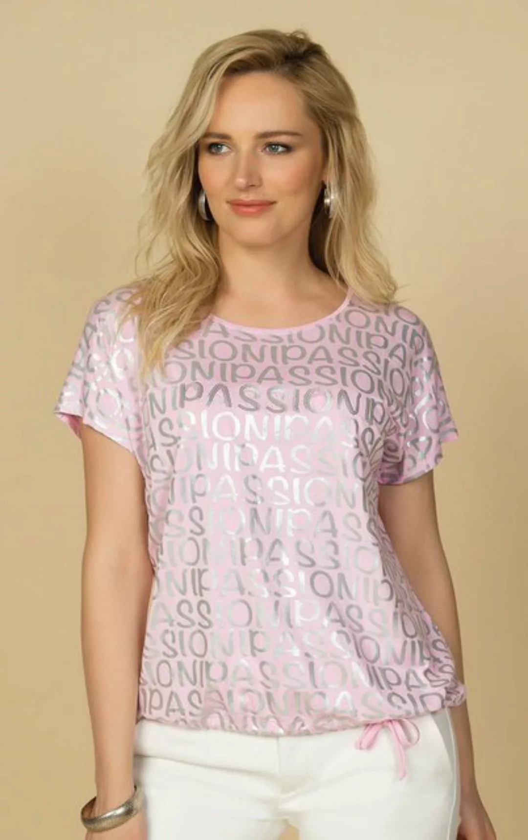 Passioni T-Shirt in Rosa, mit silbernen Markenlabel Schriftzügen und Glitze günstig online kaufen