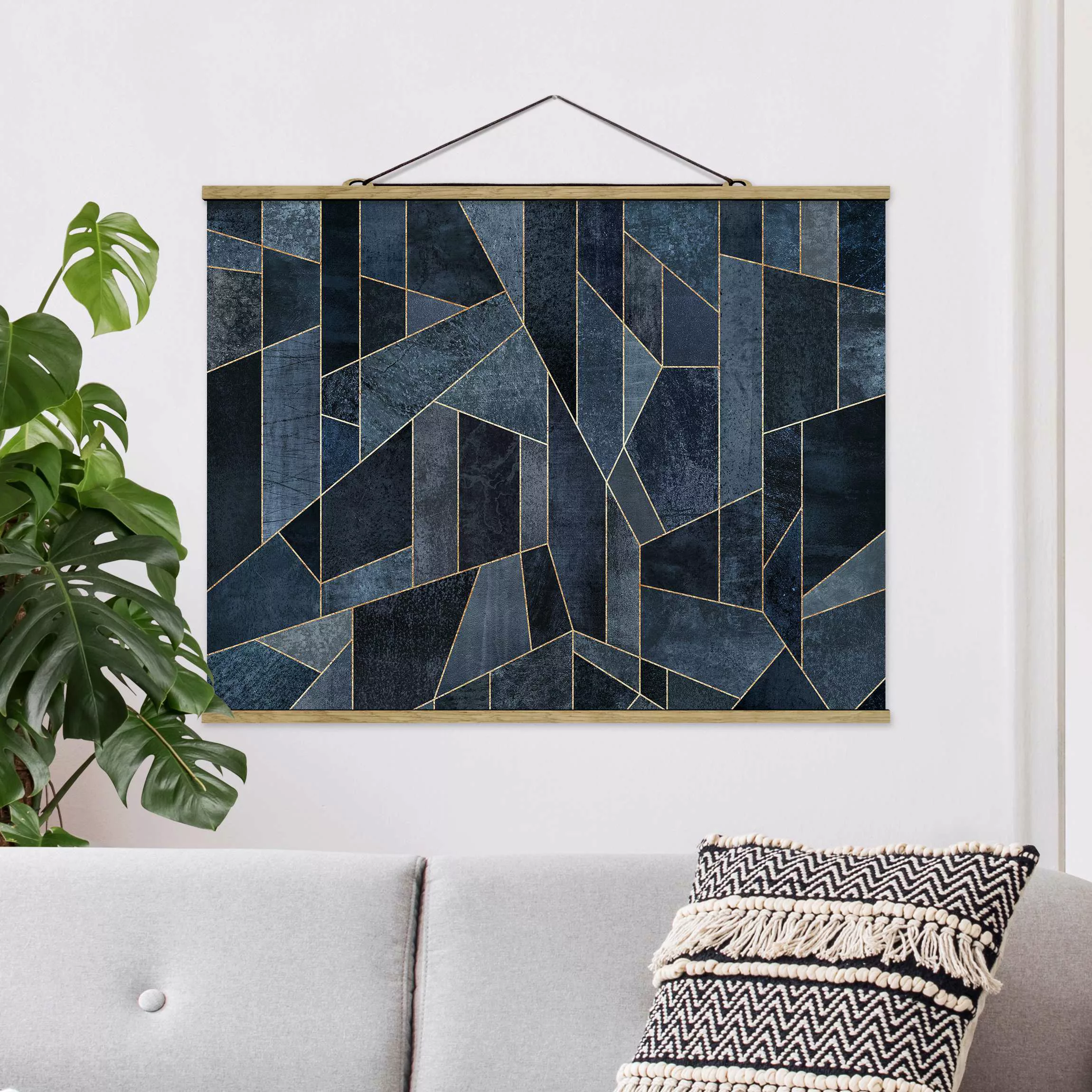 Stoffbild Abstrakt mit Posterleisten - Querformat Blaue Geometrie Aquarell günstig online kaufen