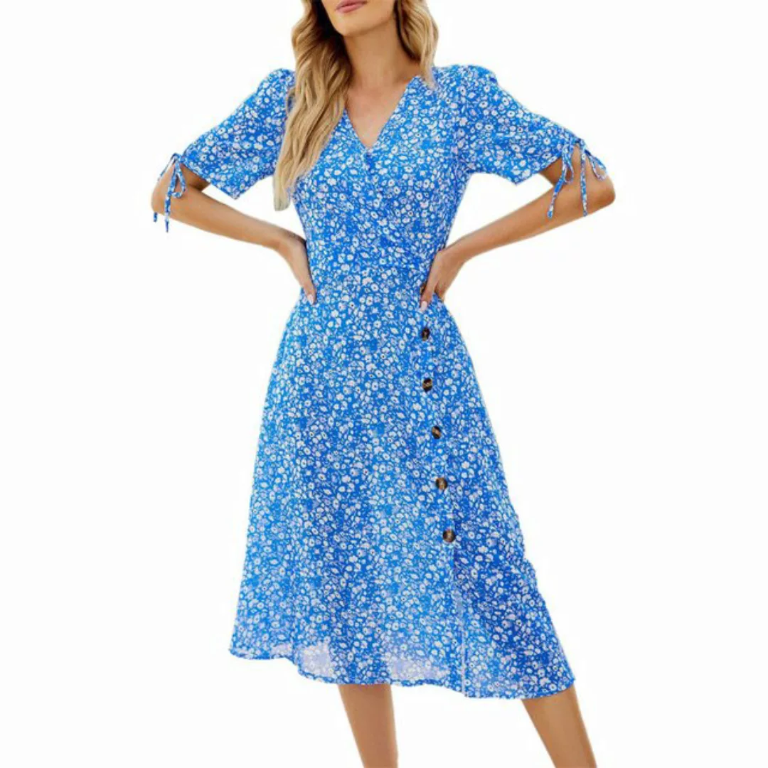 RUZU UG Dirndl Damen Chiffon Blumen Sommerkleid Blau Elegant Lässig V-Aussc günstig online kaufen