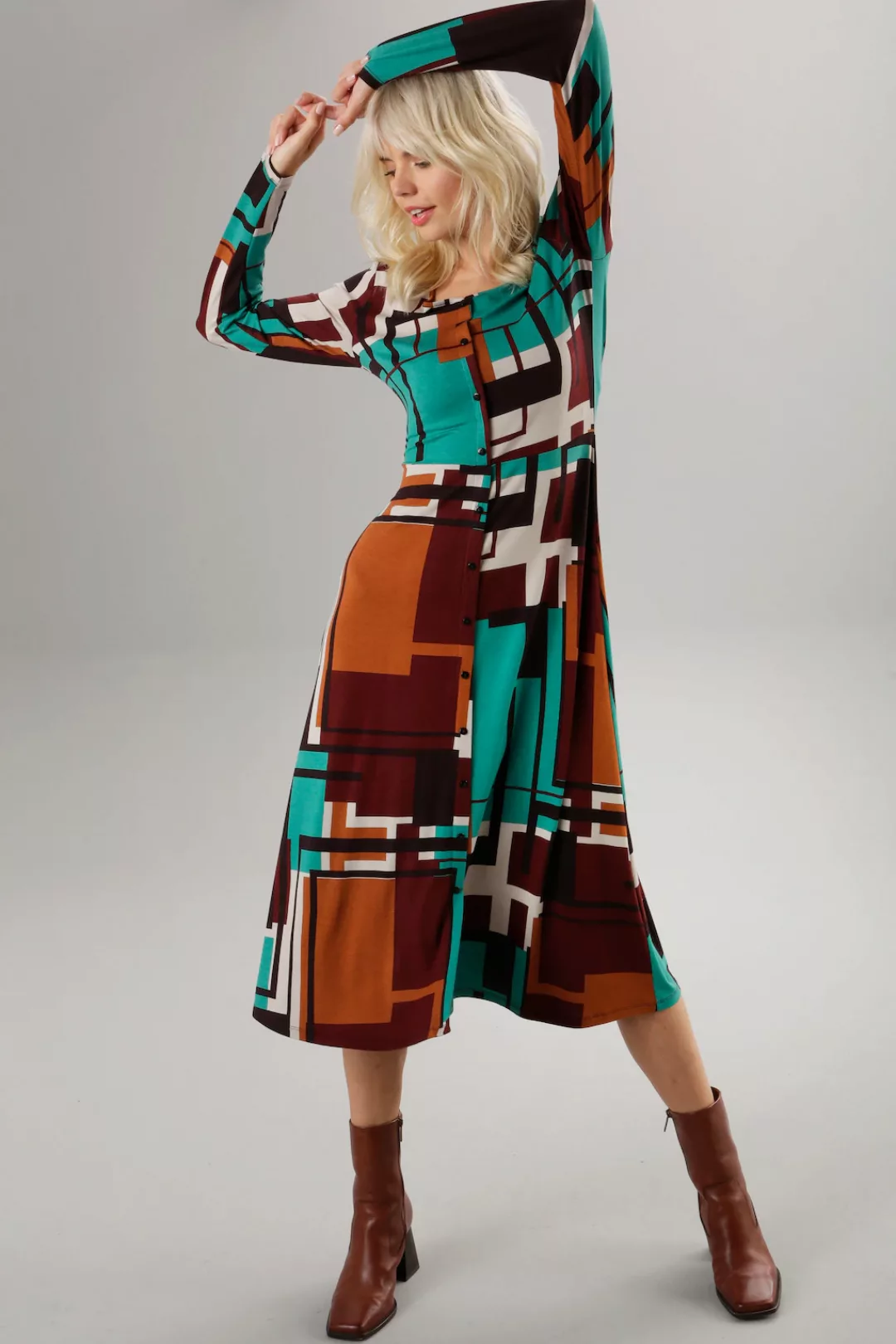 Aniston SELECTED Jerseykleid, mit Fake-Knopfleiste und grafischem Druck günstig online kaufen