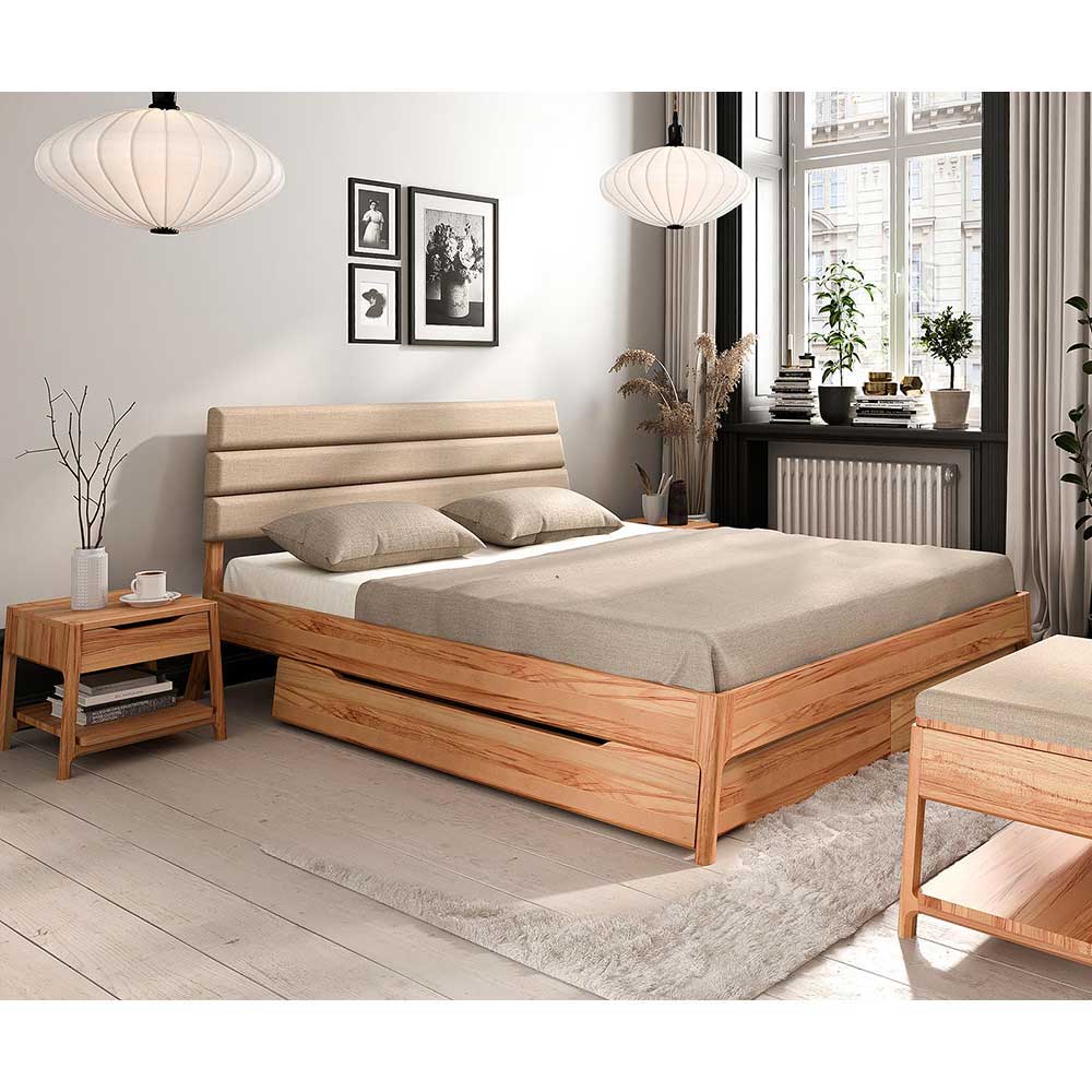 Bett mit Polsterkopfteil in Beige Kernbuche Massivholz günstig online kaufen