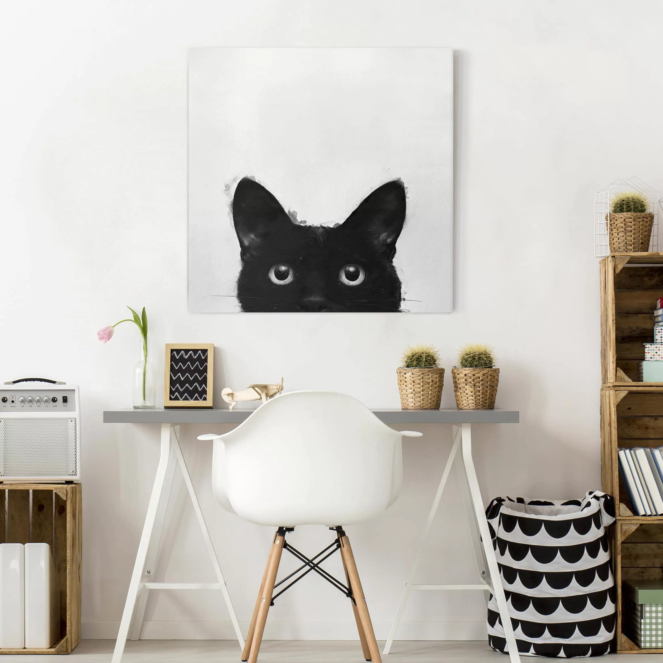 Leinwandbild Tiere - Quadrat Illustration Schwarze Katze auf Weiß Malerei günstig online kaufen