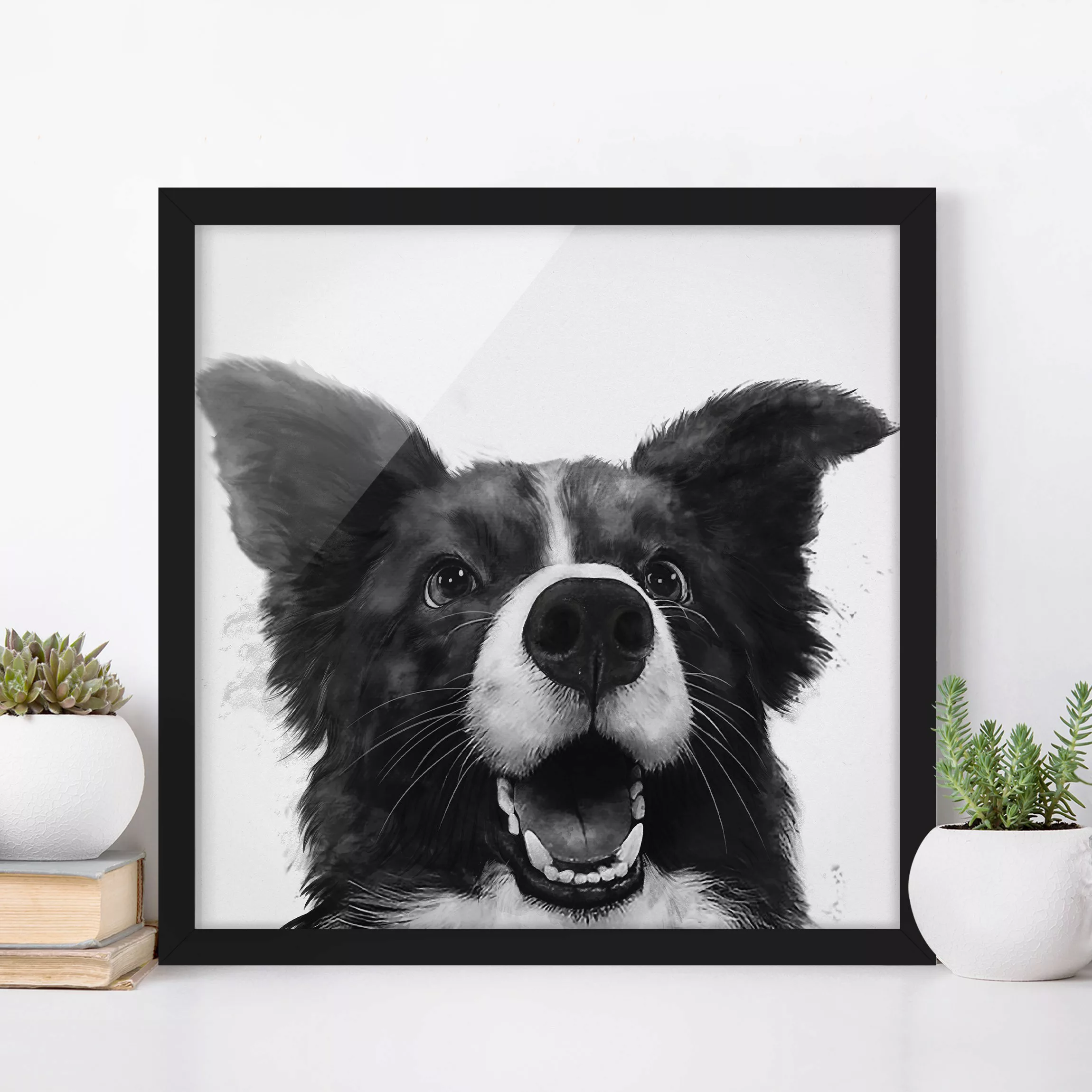 Bild mit Rahmen Tiere - Quadrat Illustration Hund Border Collie Schwarz Wei günstig online kaufen