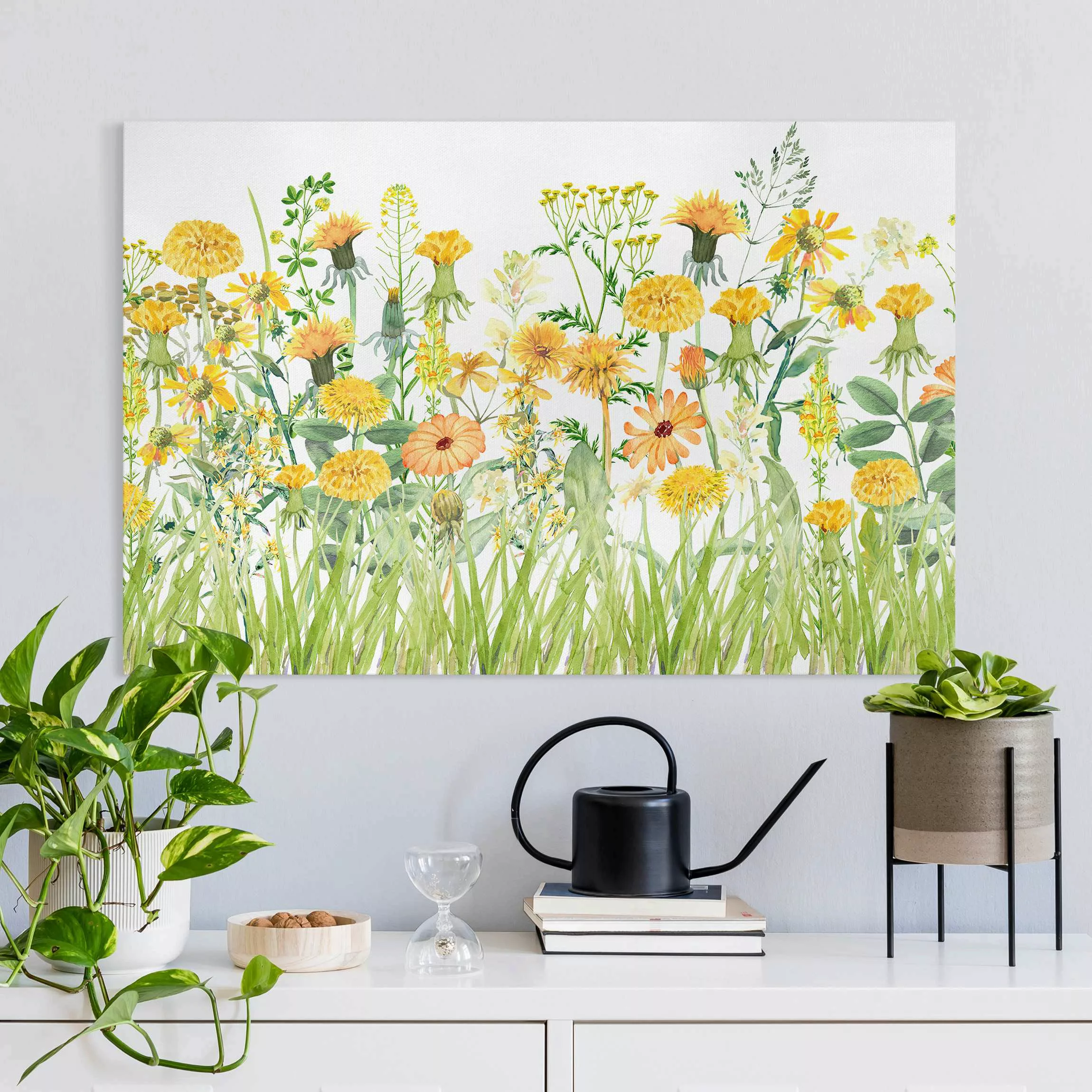 Leinwandbild Aquarellierte Blumenwiese in Gelb günstig online kaufen