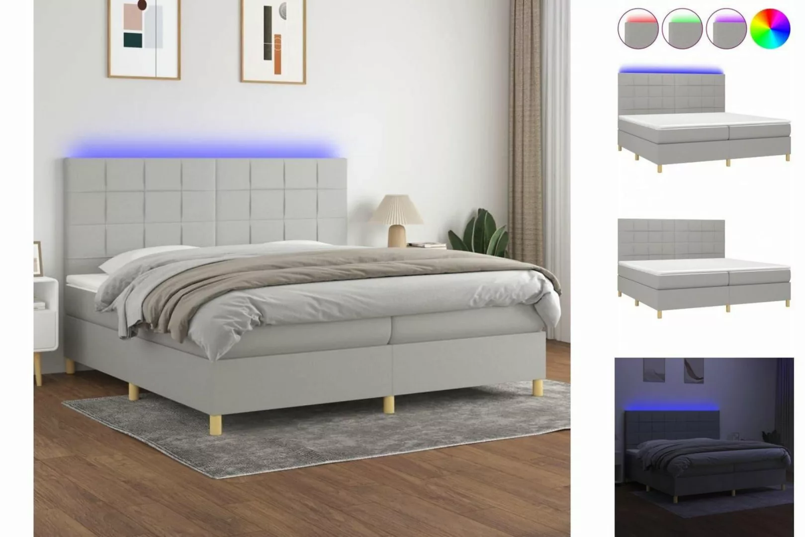 vidaXL Bettgestell Boxspringbett mit Matratze LED Hellgrau 200x200 cm Stoff günstig online kaufen