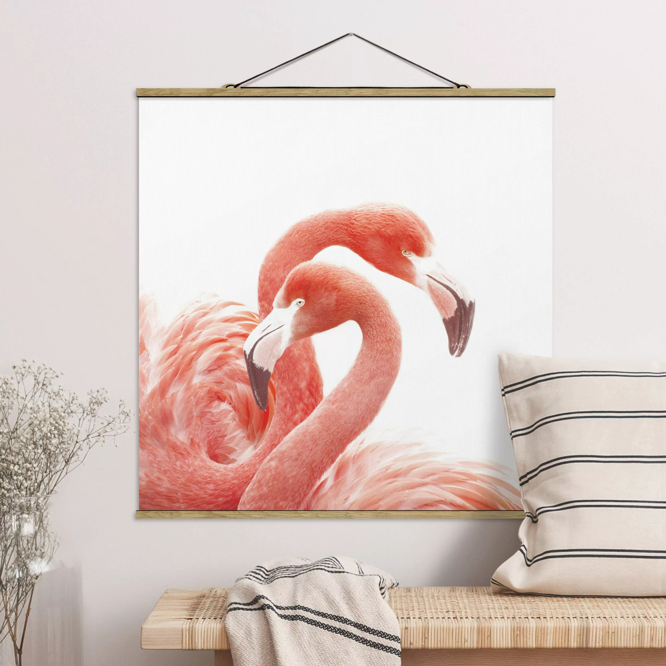Stoffbild mit Posterleisten Zwei Flamingos günstig online kaufen