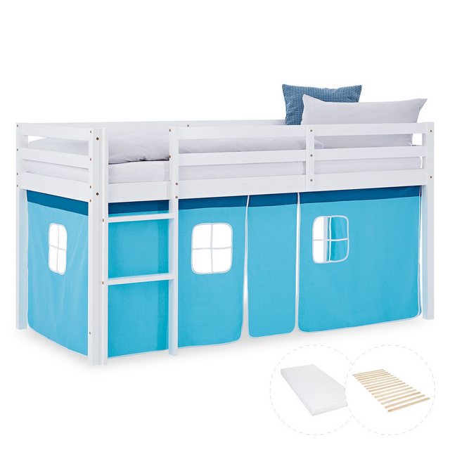 Homestyle4u Hochbett 90x200 Kinderbett Weiß Vorhang Blau für 1 Kind Kiefer günstig online kaufen