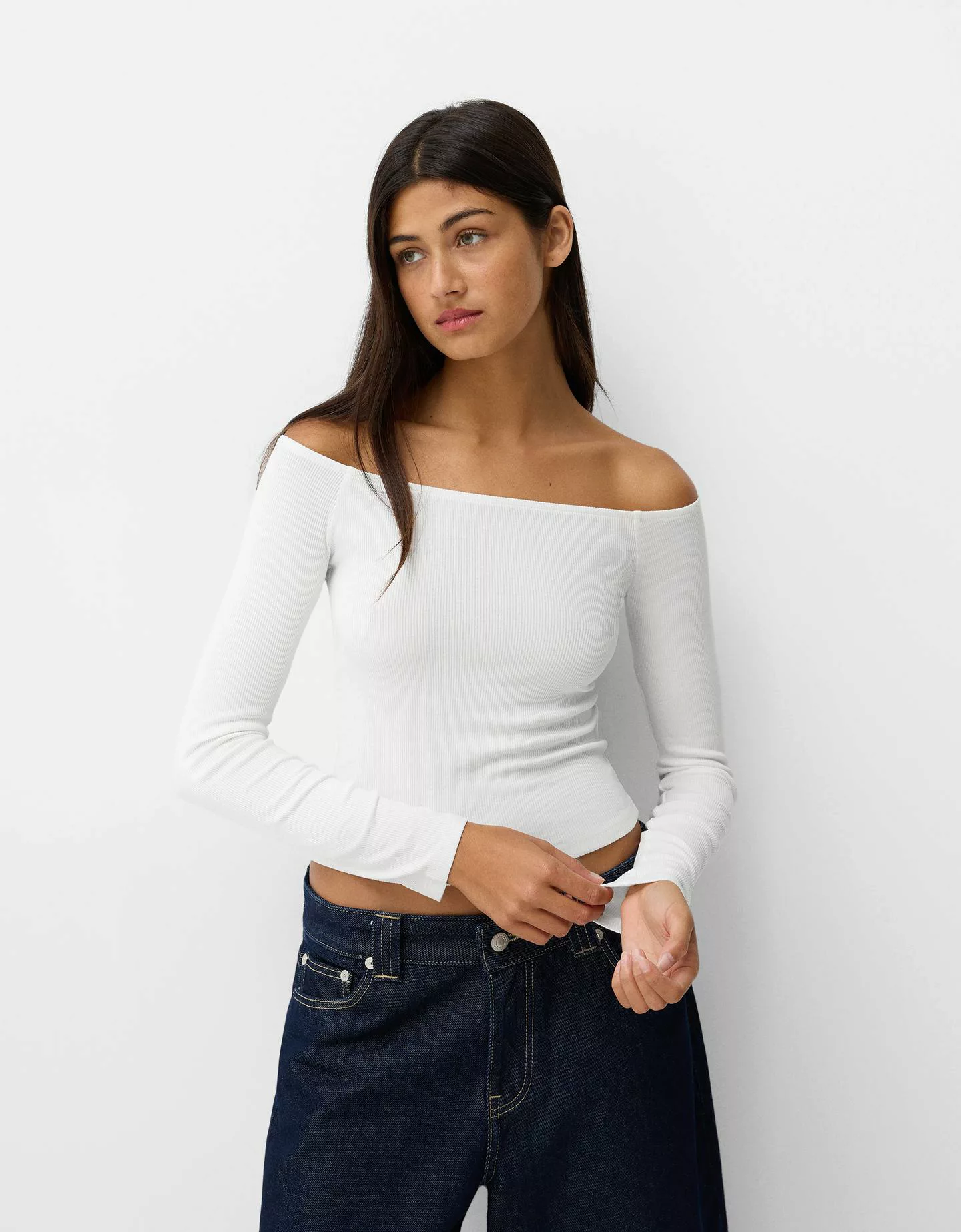 Bershka Shirt Mit Langen Ärmeln Und Carmen-Ausschnitt Damen M Grbrochenes W günstig online kaufen