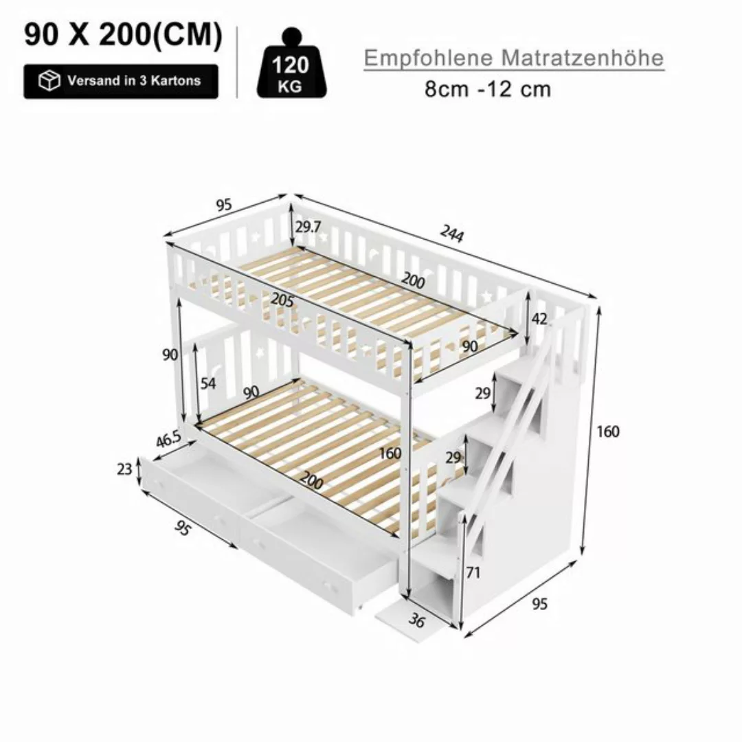 Flieks Etagenbett, Massivholz Kinderbett 90x200cm mit 2 Schubladen und Stau günstig online kaufen