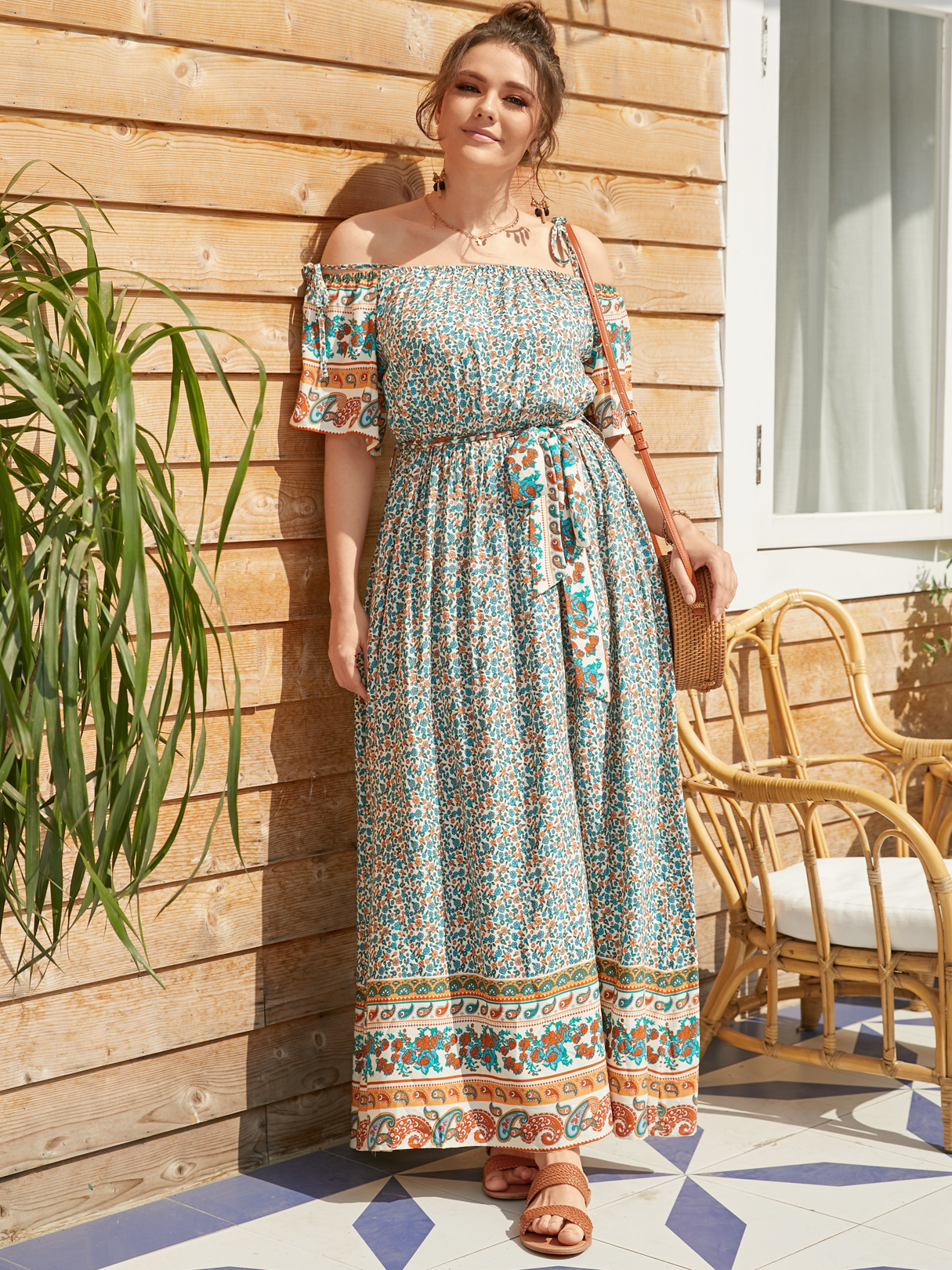 YOINS Plus Größe Cold Shoulder Tribal Kurzarm Maxi Kleid günstig online kaufen