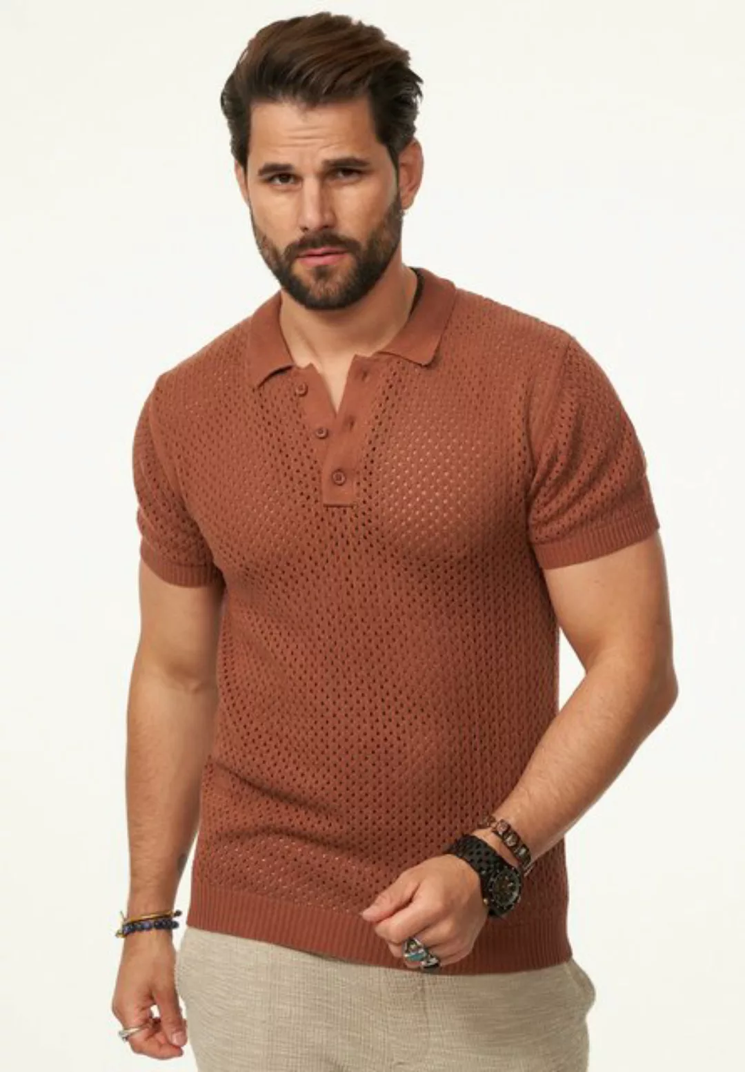 SOULSTAR Poloshirt im luftigen Crochet Summer-Stil Herren Kurzarm Strick Po günstig online kaufen