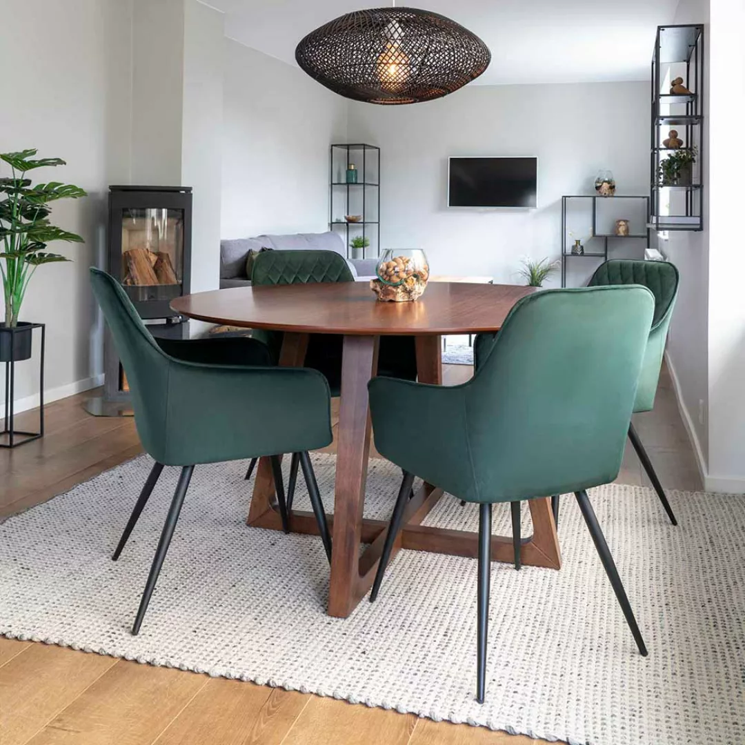 Esszimmergarnitur mit rundem Tisch in Walnussfarben Stühlen in Dunkelgrün ( günstig online kaufen