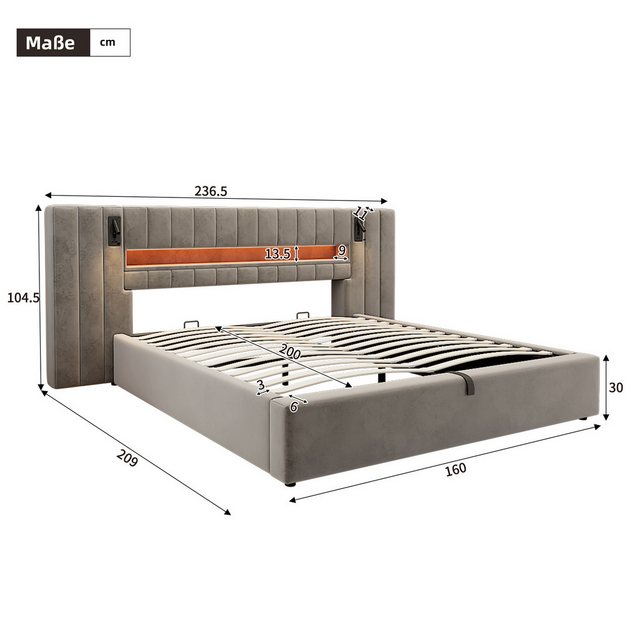 Flieks Polsterbett, LED hydraulisches Doppelbett 160x200cm mit USB-Anschlus günstig online kaufen