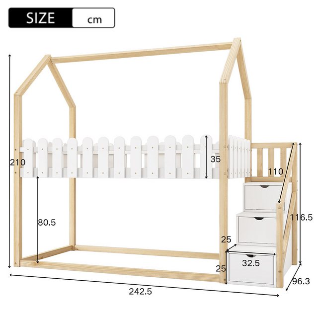Sweiko Kinderbett (Etagenbett mit 3 Treppen, mit 3 Ablagefächer, mit Zaunde günstig online kaufen