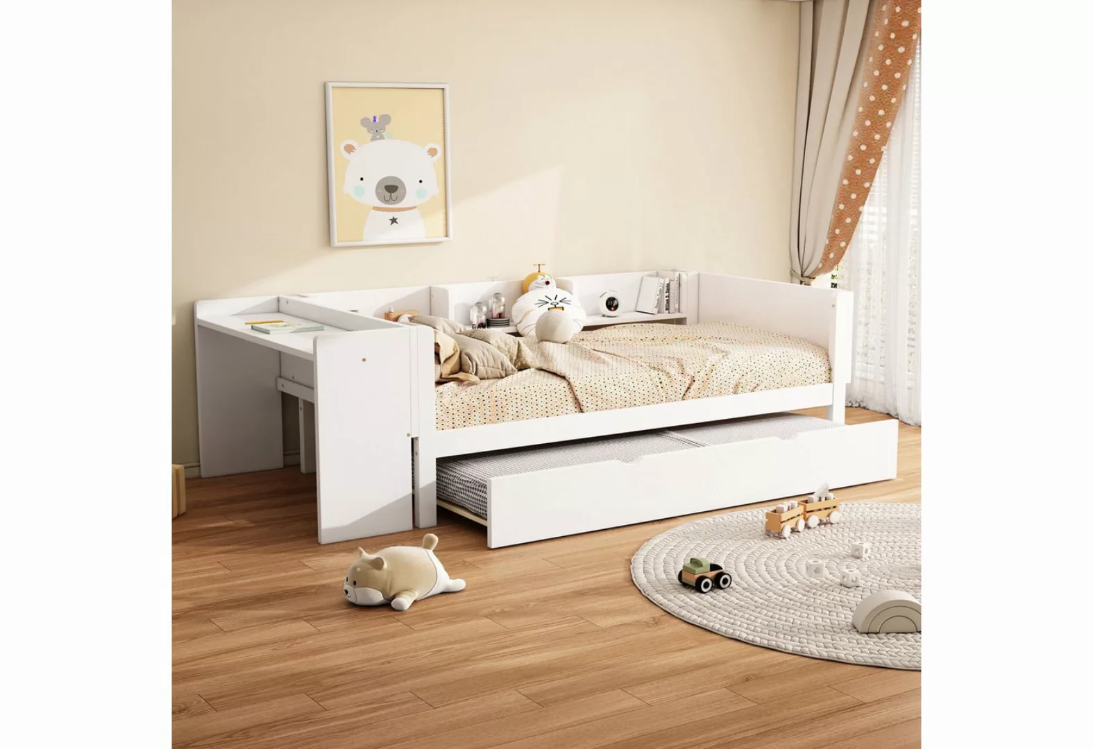 MODFU Kinderbett mit ausziehbarem Bett, mit Schreibtisch (drei Regale an de günstig online kaufen