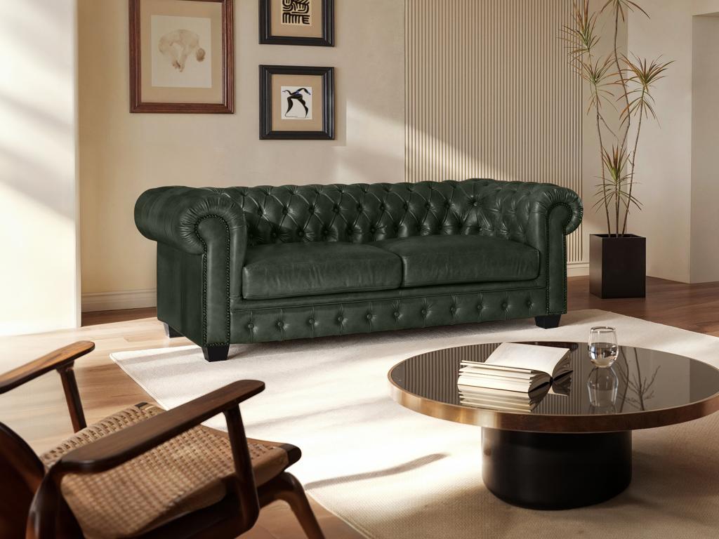 Chesterfield Ledersofa 3-Sitzer - Büffelleder - Schwarzgrün - BRENTON günstig online kaufen