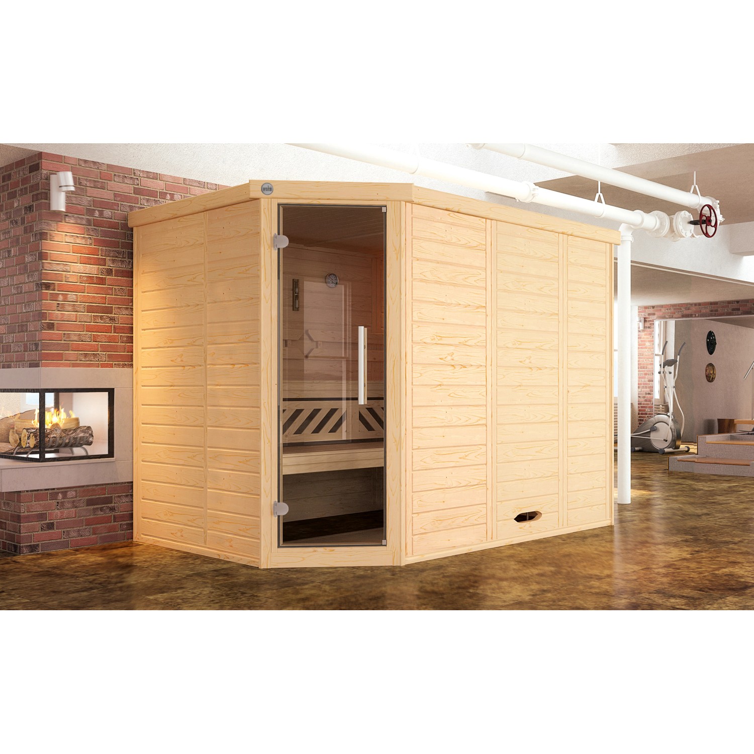 Weka Massivholzelementsauna Kemi Eck 2 Sparset 7,5 kW OS Glastür günstig online kaufen