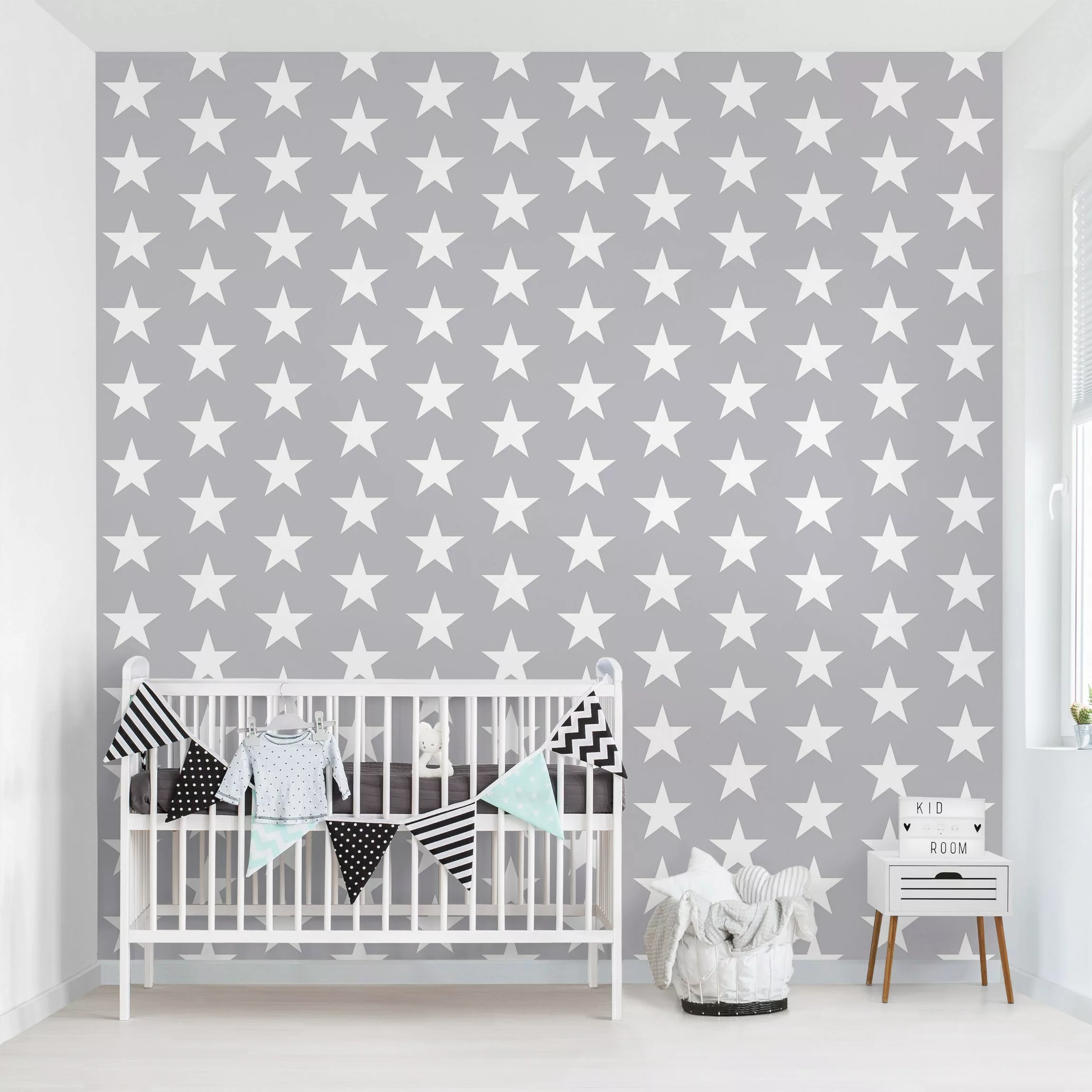 Bilderwelten Kindertapete Weiße Sterne auf grauem Hintergrund Gr. 192 x 192 günstig online kaufen