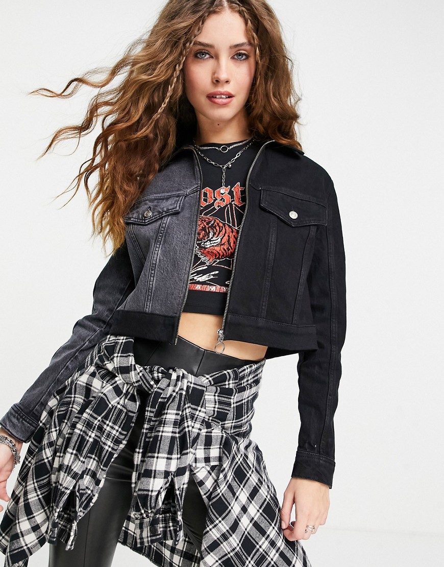 Topshop – Denimjacke mit Farbblockdesign-Schwarz günstig online kaufen