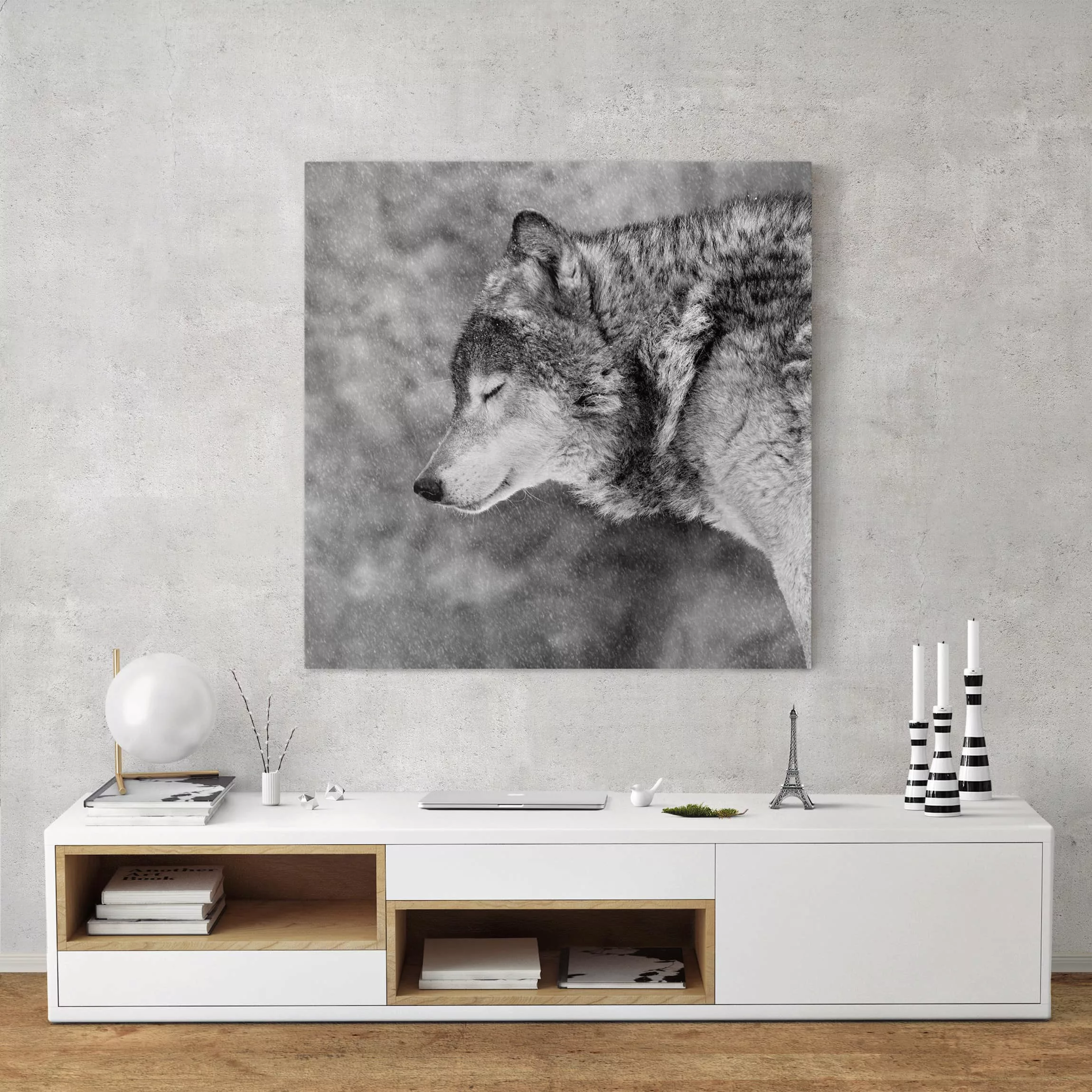 Leinwandbild Schwarz-Weiß - Quadrat Winter Wolf günstig online kaufen