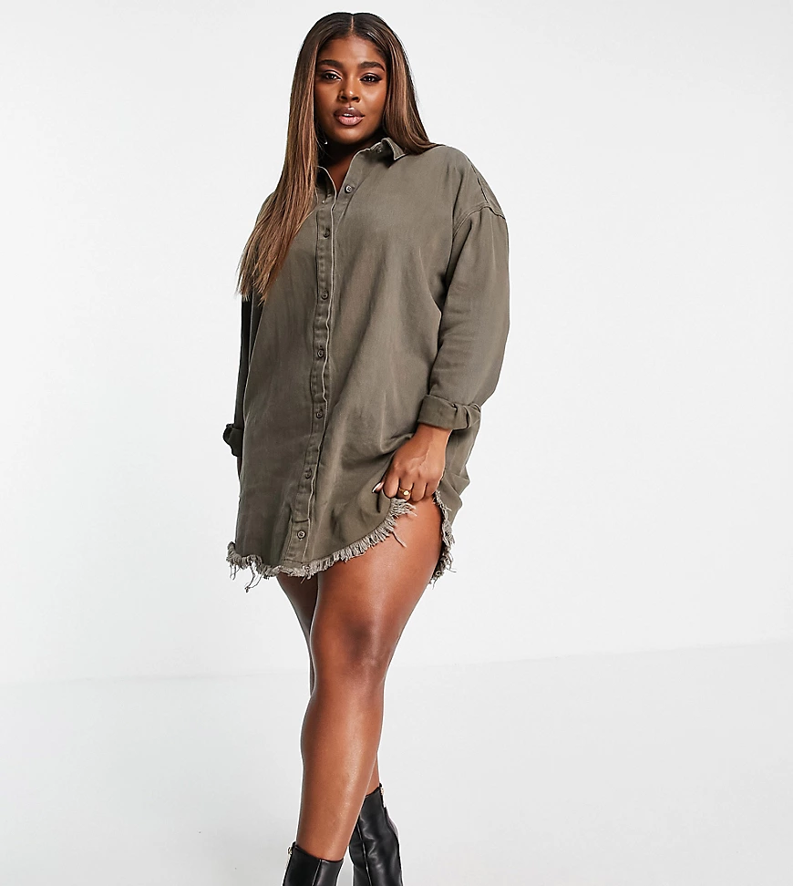 Missguided Plus – Jeans-Hemdkleid mit Oversize-Passform in Khaki-Grün günstig online kaufen