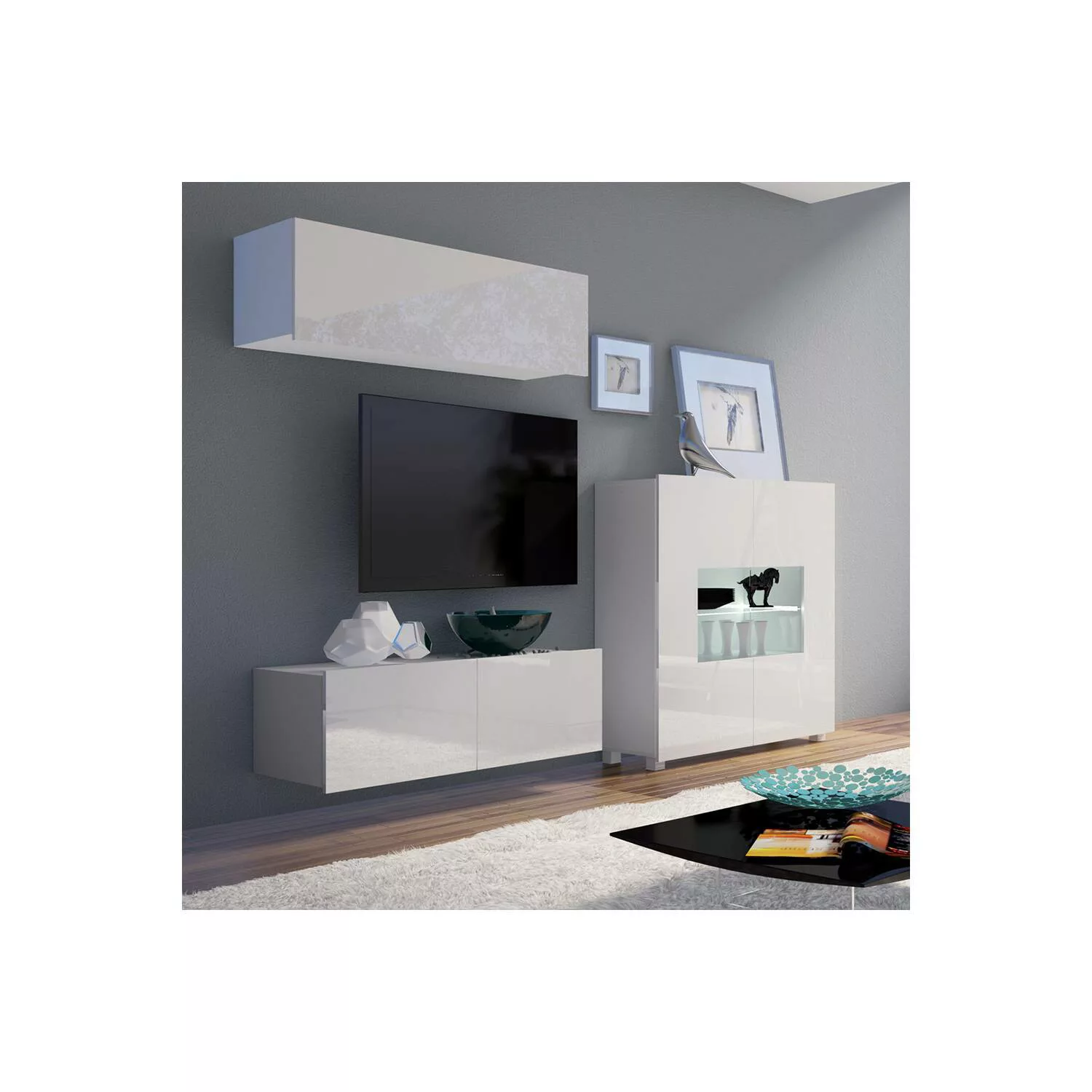 TV-Möbel Set mit Highboard und LED Beleuchtung in weiß Hochglanz CAIRNS-132 günstig online kaufen