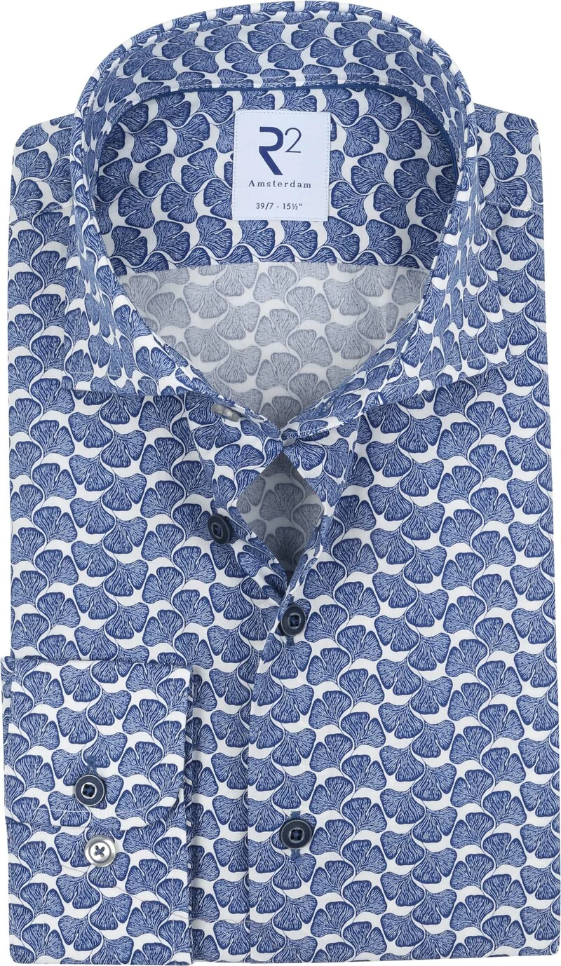 R2 Hemd Extra Long Sleeve Pflanzen Print Blau - Größe 37 günstig online kaufen