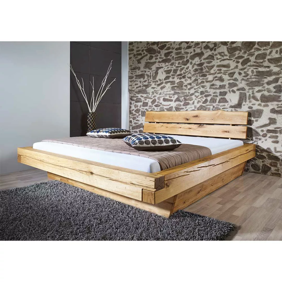 Balkenbett aus Wildeiche Massivholz rustikalen Landhaus Design günstig online kaufen