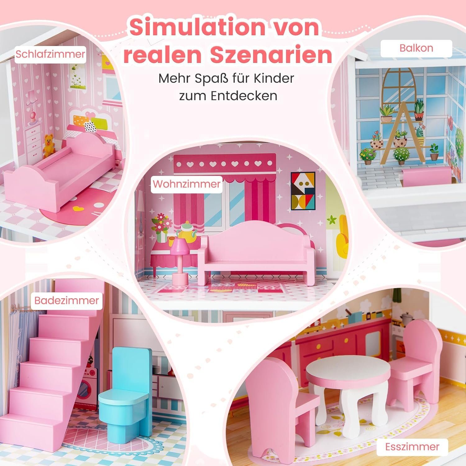 KOMFOTTEU Puppenhaus 3-stöckige, mit 5 Zimmern, günstig online kaufen
