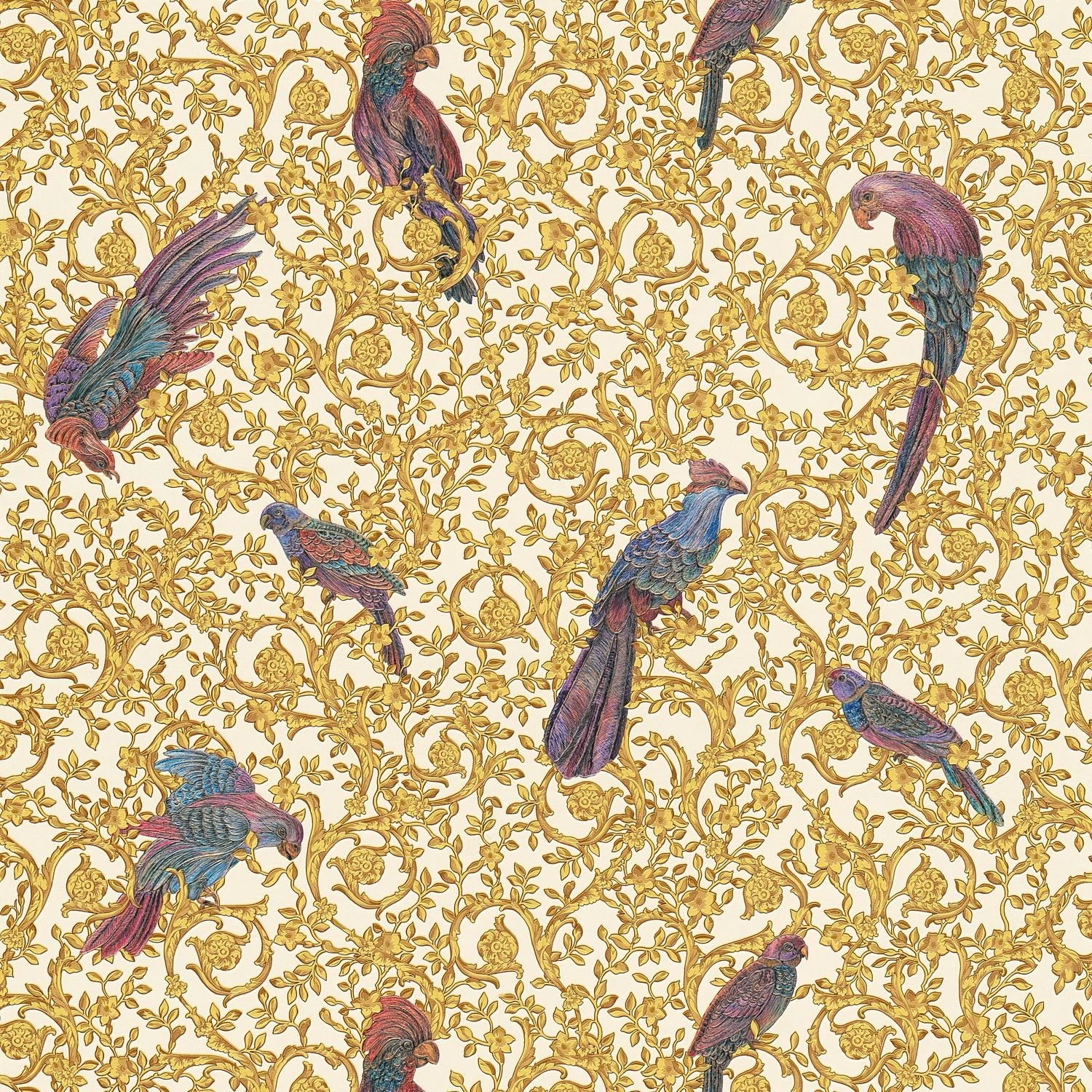 PROFHOME 370532-GU Luxus Tapete Vogelmuster Gold Violett Creme 7,035 m2 0,7 günstig online kaufen
