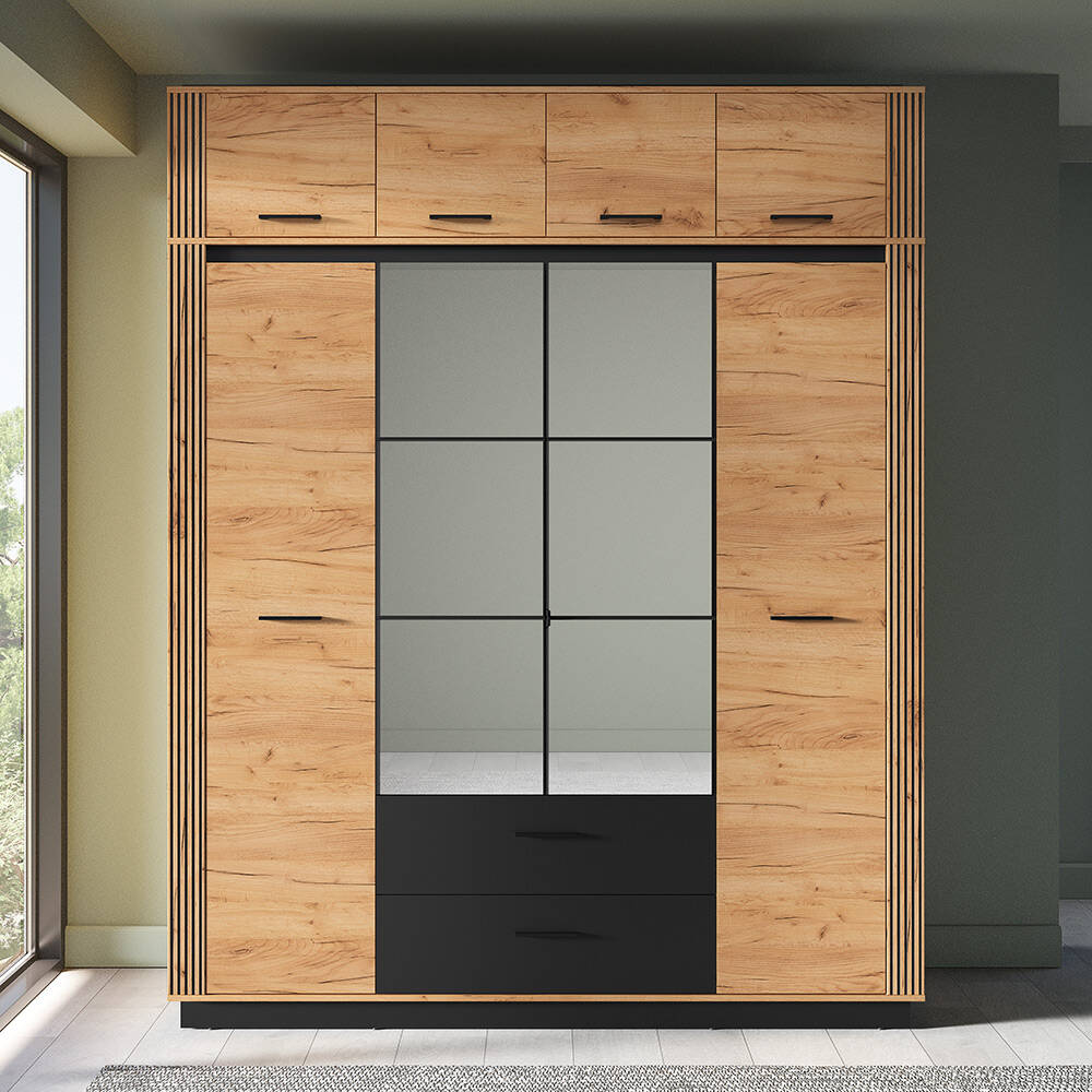 Kleiderschrank mit Aufsatzschrank 200 cm breit modern in Eiche mit schwarz günstig online kaufen