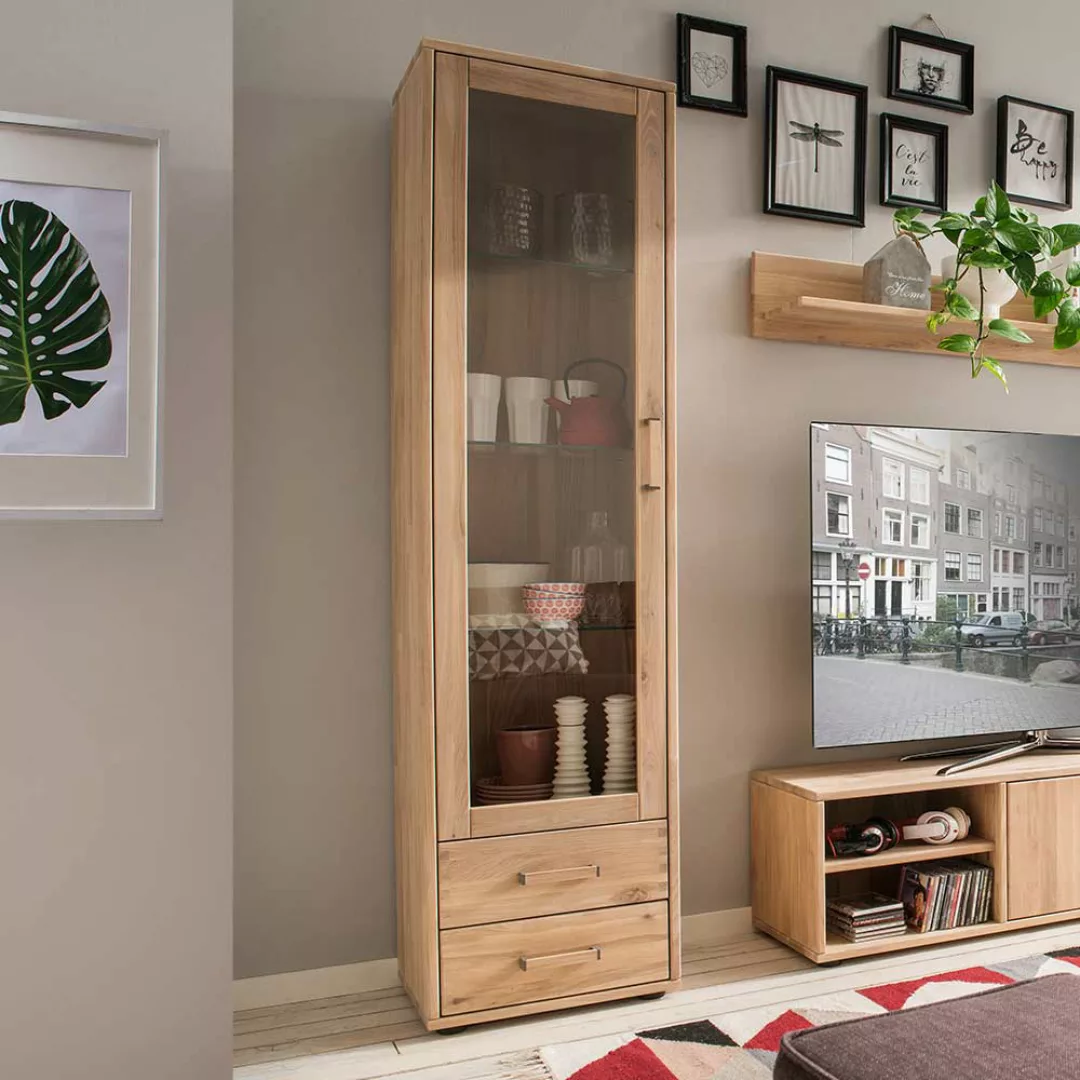Wohnzimmer Vitrine in Eiche Bianco massiv einer Glastür günstig online kaufen